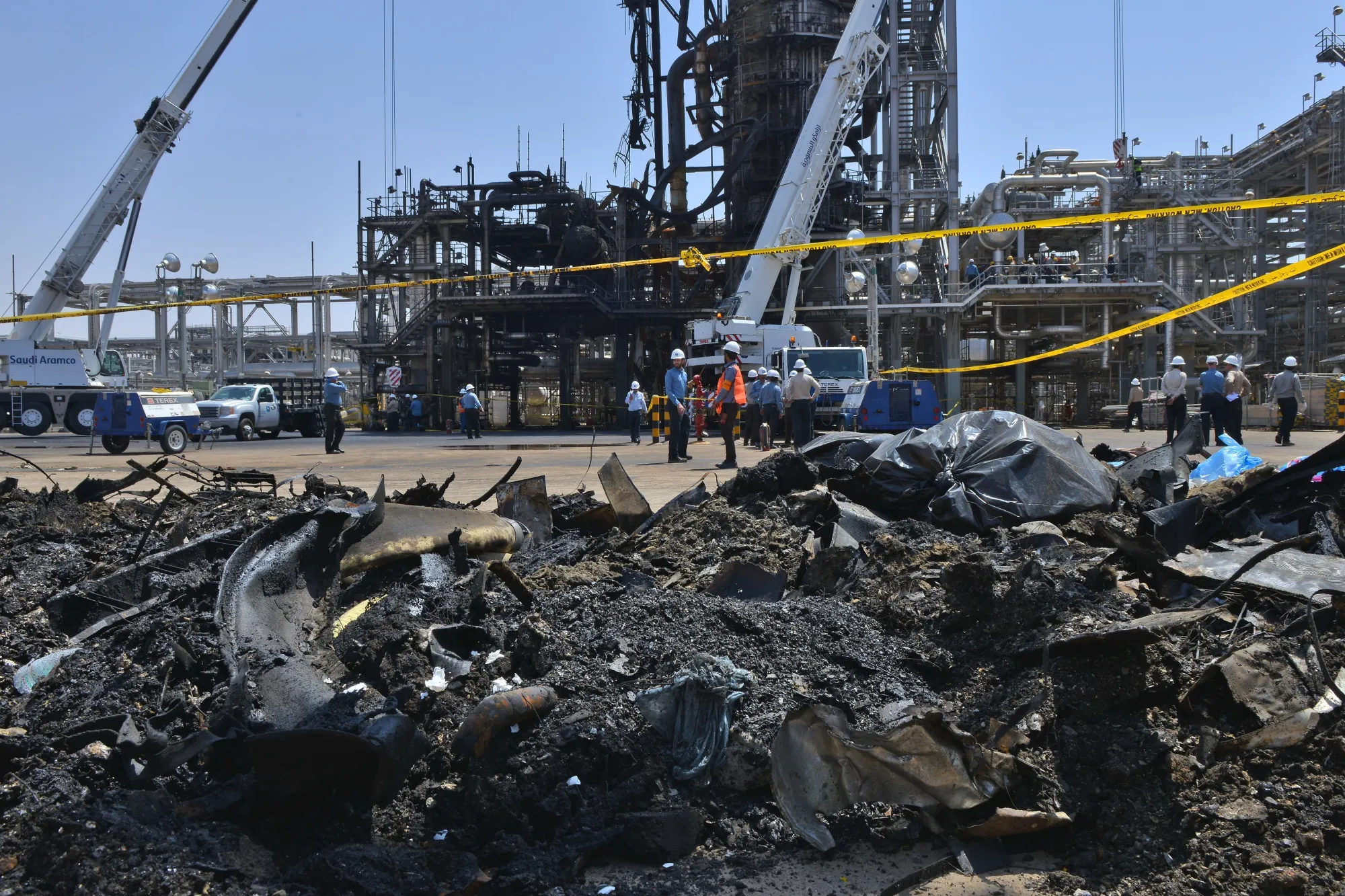 Friday’s scene: a&nbsp;destroyed installation in Saudi Arabia's Khurais oil processing plant.