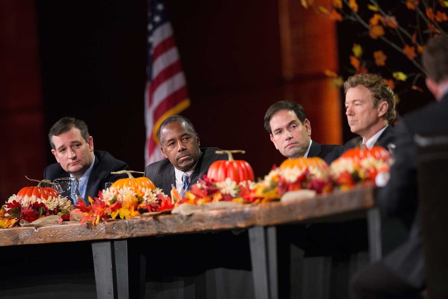 Republican presidential candidates Ted Cruz, Ben Carson, Marco Rubio, and Rand Paul participate in the Presidential Family Forum on Nov. 20, 2015, in Des Moines, Iowa.
