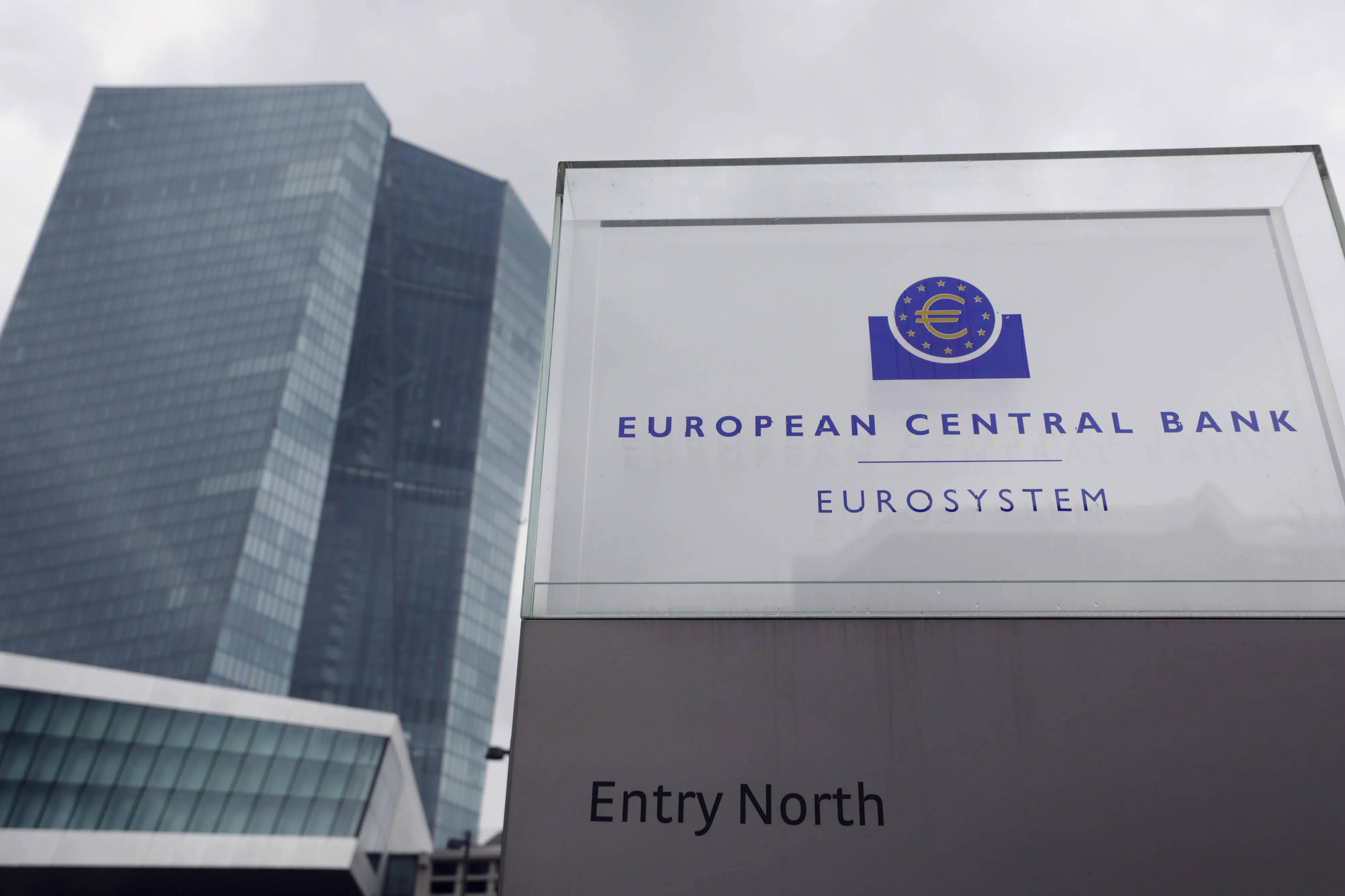 A Eurosystem monetary authority sign stands outside the European Central Bank (ECB) headquarters in Frankfurt, Germany/