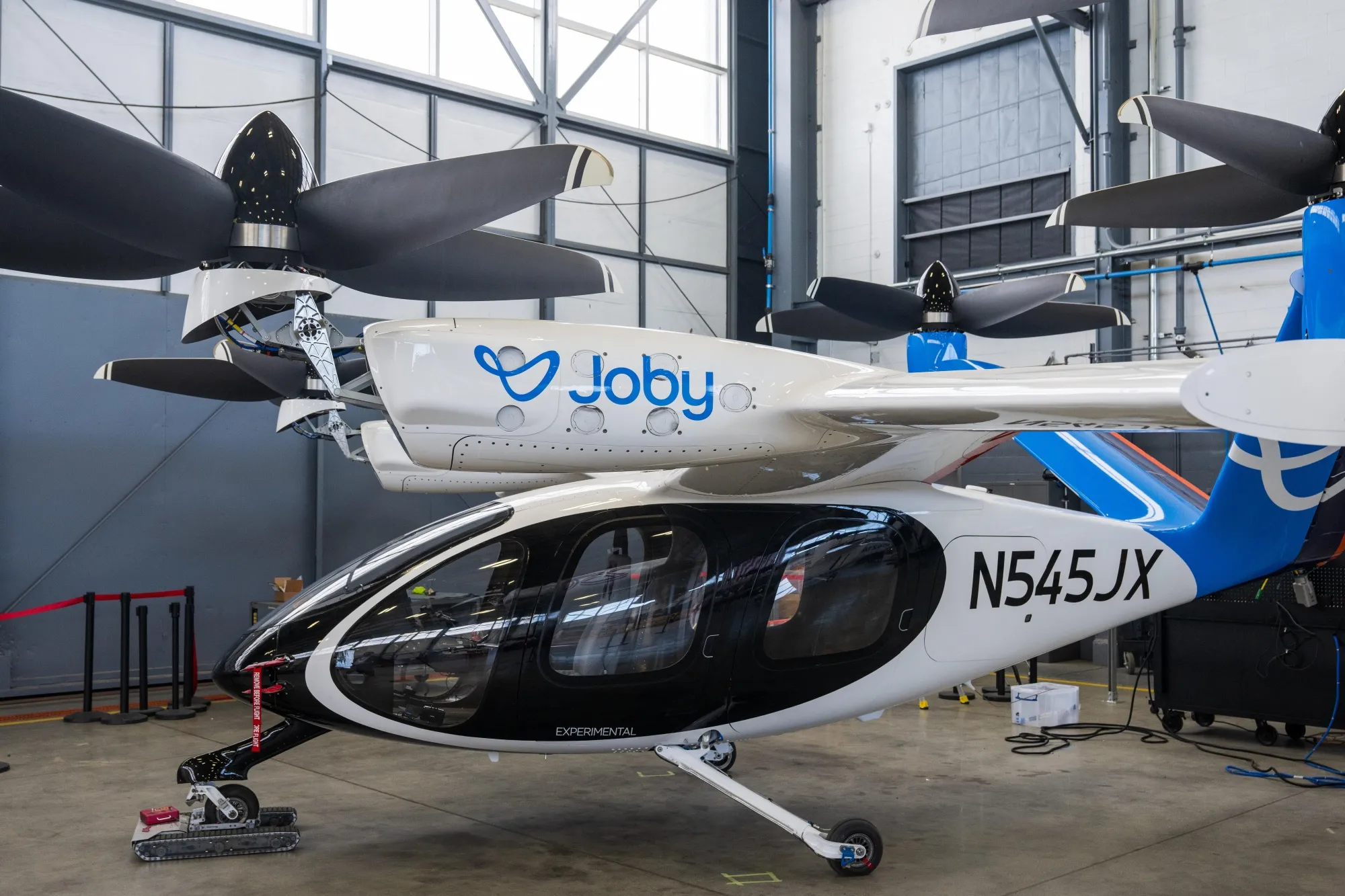 A pre-production prototype eVTOL aircraft at Joby’s facility in Marina.