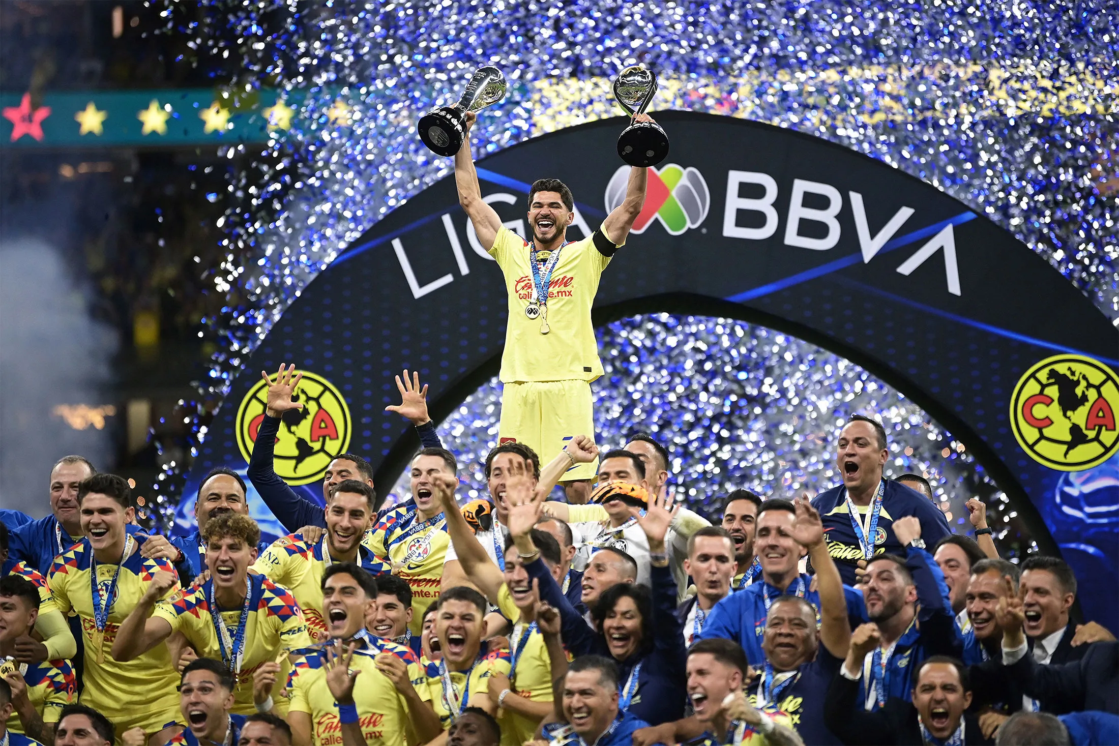 Club America’s players celebrate after defeating Cruz Azul in Mexico City, on May 26, 2024.