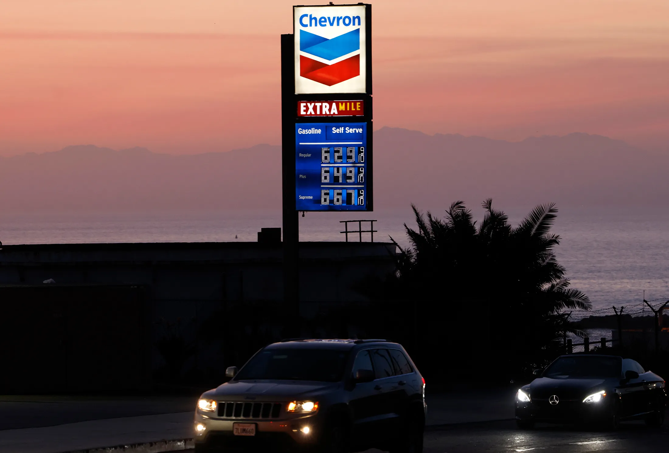 EL SEGUNDO, CALIFORNIA - APRIL 08: High gas prices are displayed at a Chevron gas station near the Pacific Ocean on April 8, 2026 in El Segundo, California. California imports approximately 75 percent of its crude oil with nearly one-third of the crude supplied from the Middle East as prices at the pump in the state are averaging $5.93 per gallon today amid the war in Iran.