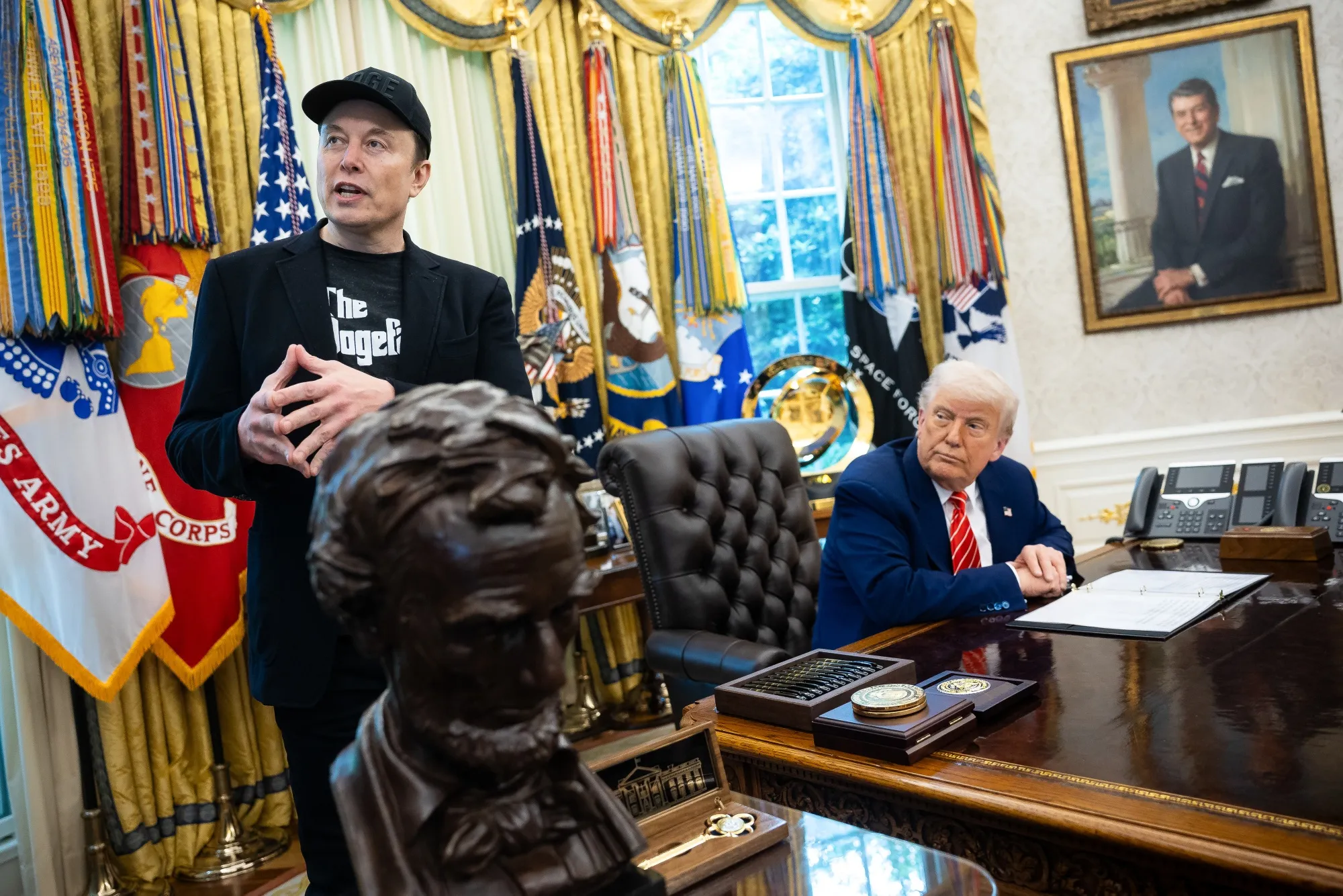 President Donald Trump, right, and Elon Musk&nbsp;during a news conference in the Oval Office of the White House on May 30.