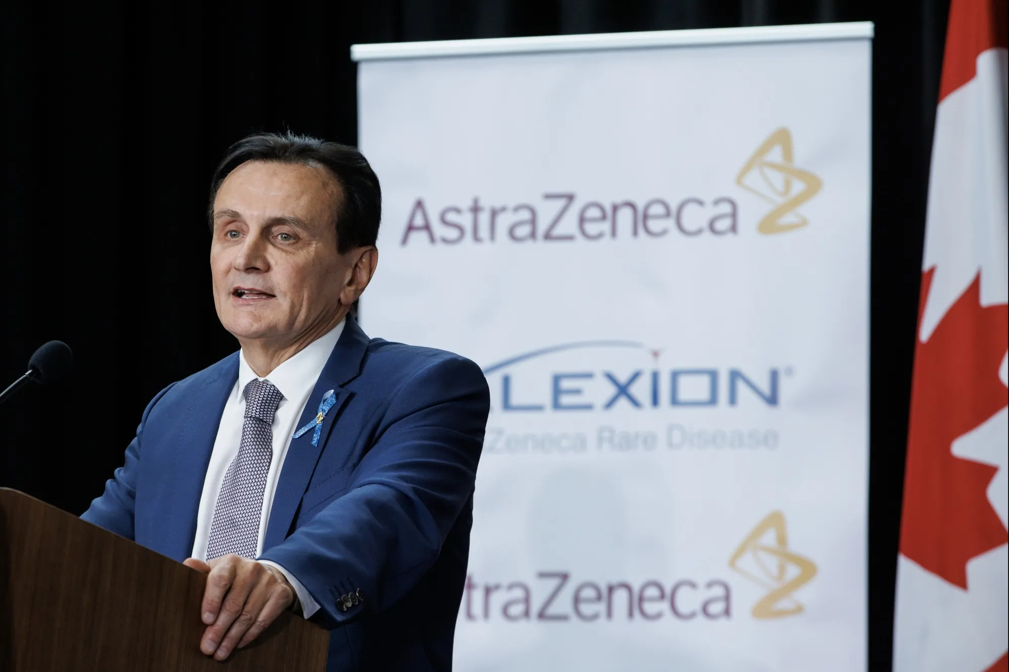 Pascal Soriot, chief executive officer of AstraZeneca Plc, speaks during a news conference at the AstraZeneca research and development hub in Mississauga, Ontario, Canada.