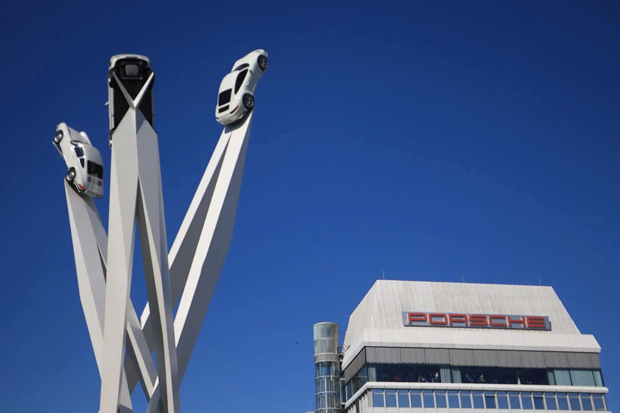 An automobile sculpture outside the Porsche AG Zuffenhausen plant in Stuttgart, Germany.