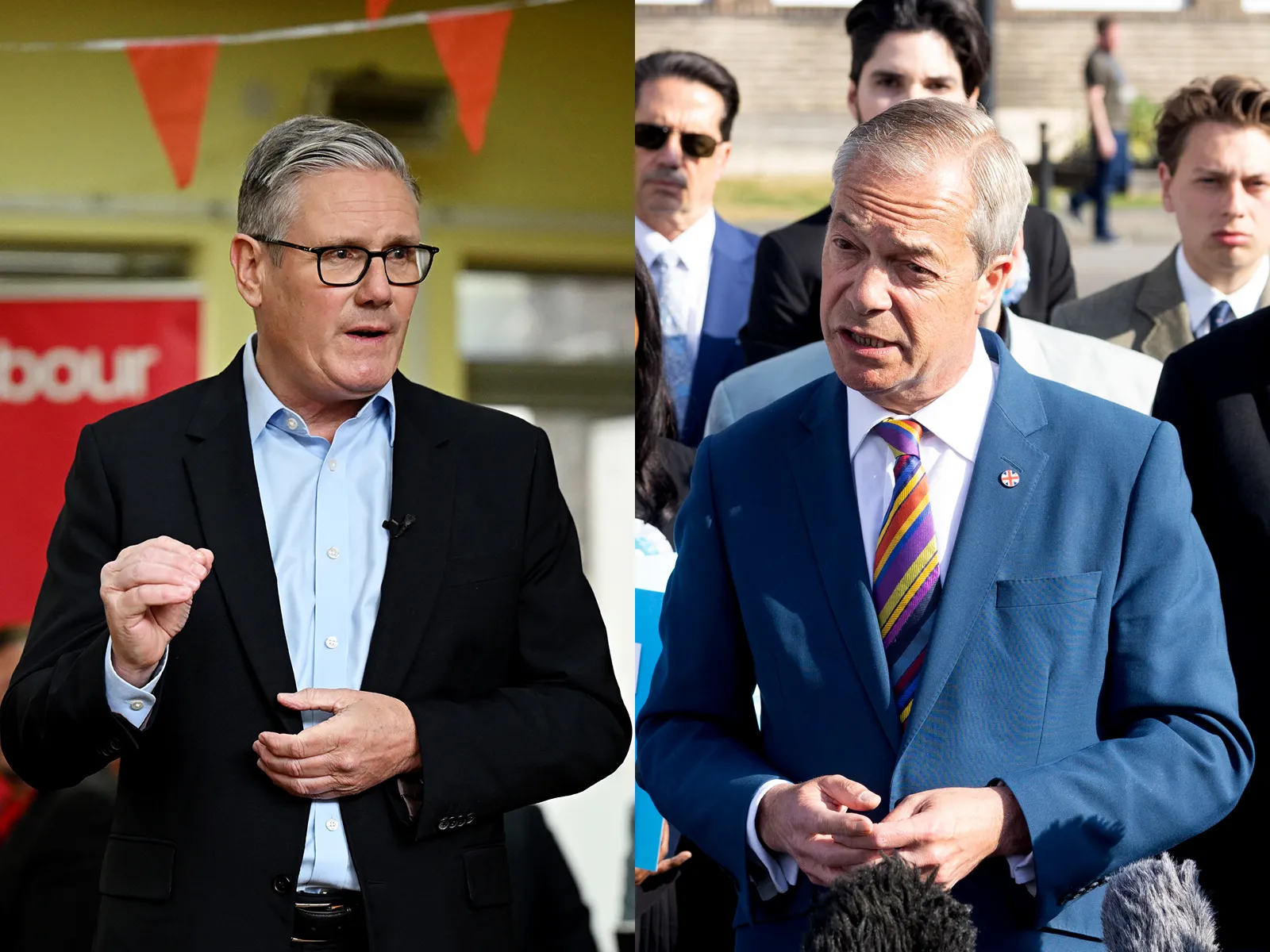Keir Starmer in London, left, and Nigel Farage in&nbsp;Romford, on May 8.