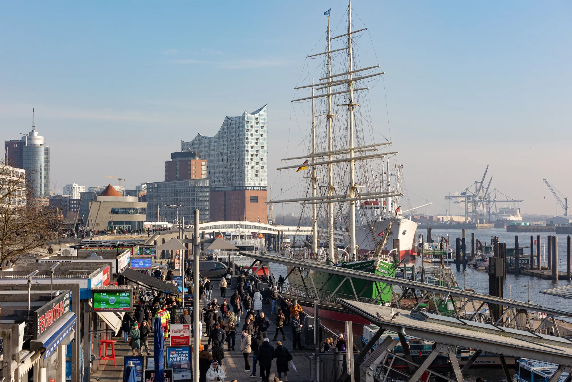Hamburg’s&nbsp;promenade on the&nbsp;Elbe River, which connects the port to the North Sea.