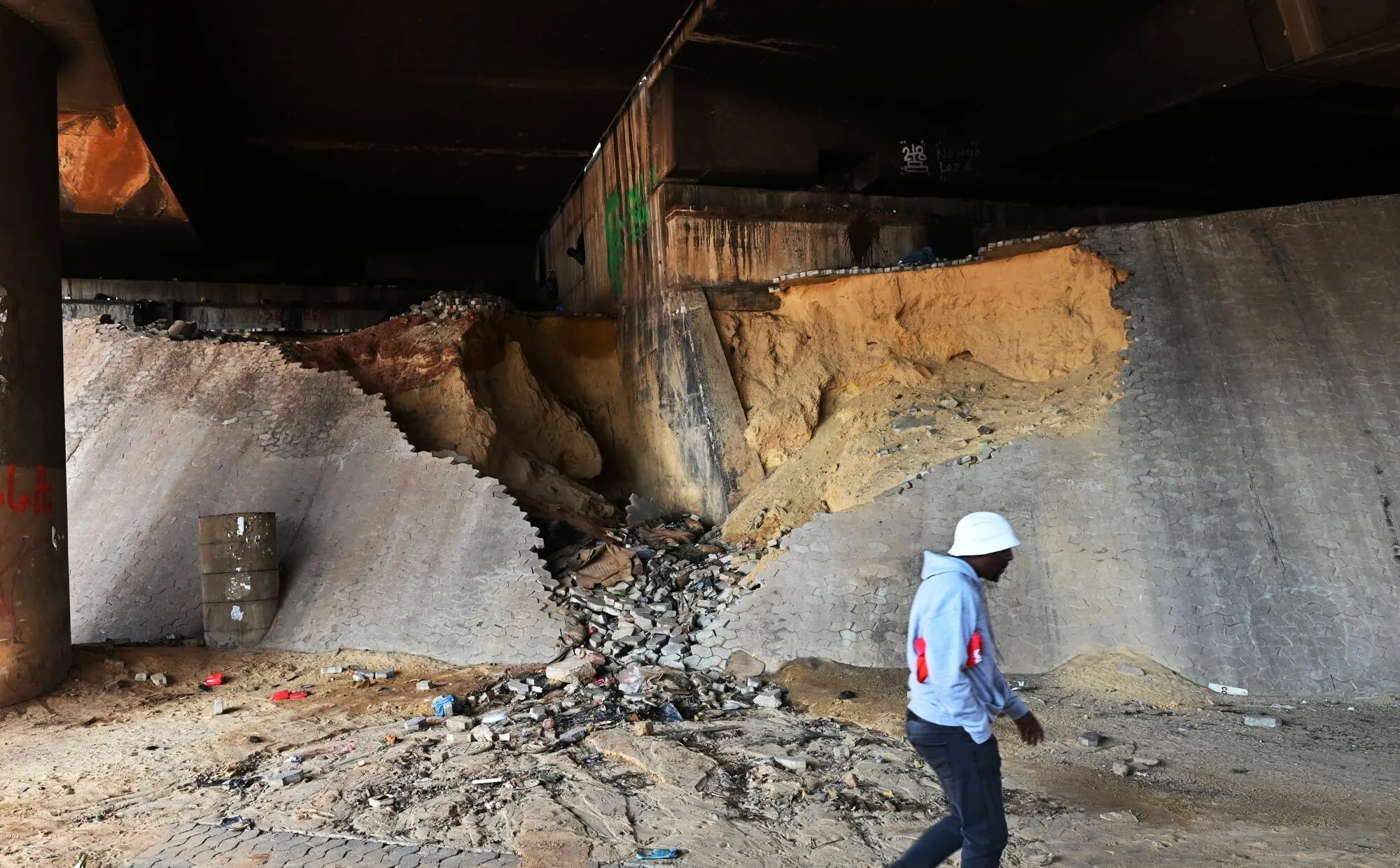 The collapsed embankment of a bridge&nbsp;in downtown Johannesburg&nbsp;on May 23.