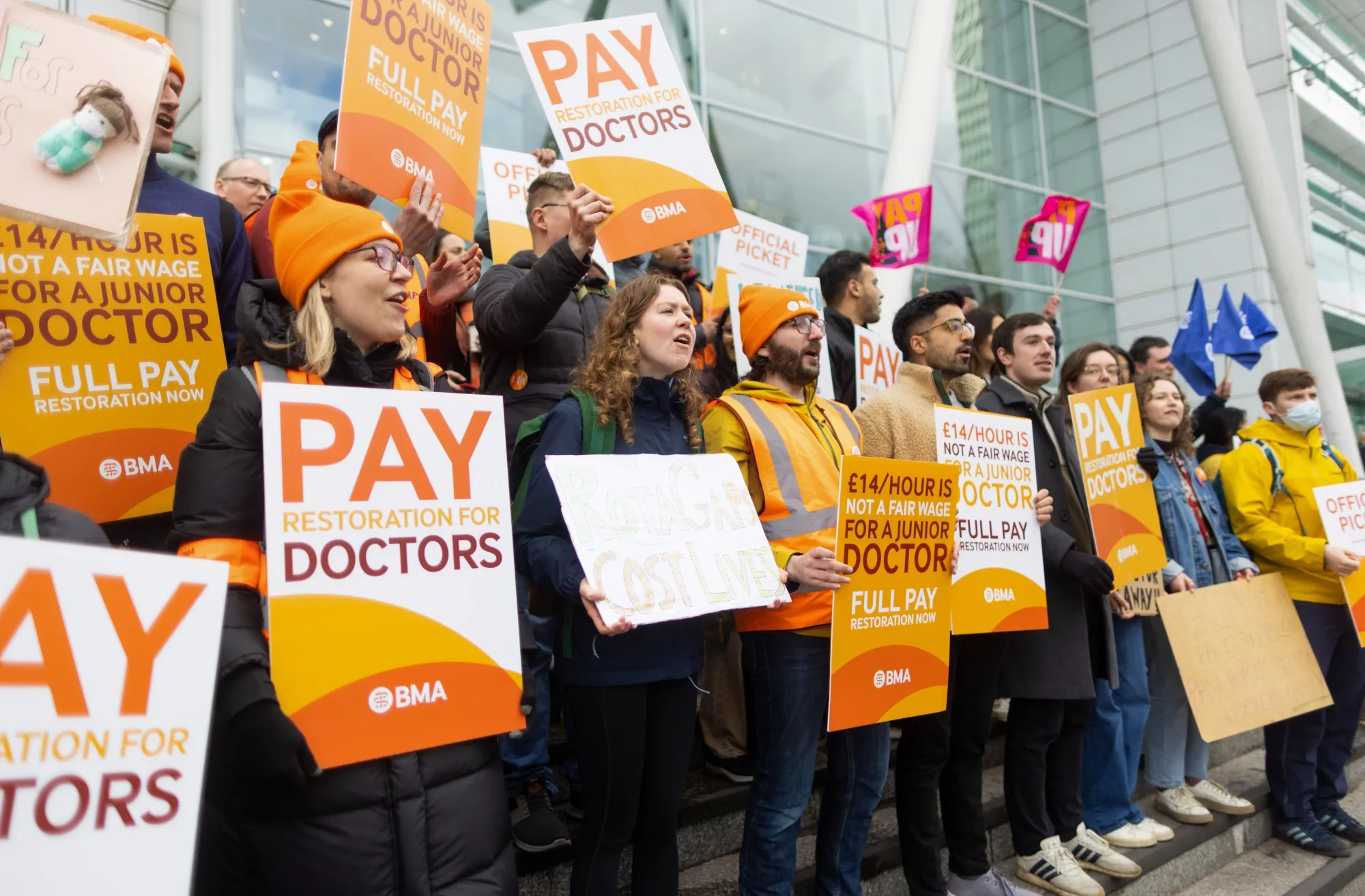 Junior doctors on a picket line during strike action at University College Hospital London on April 11.