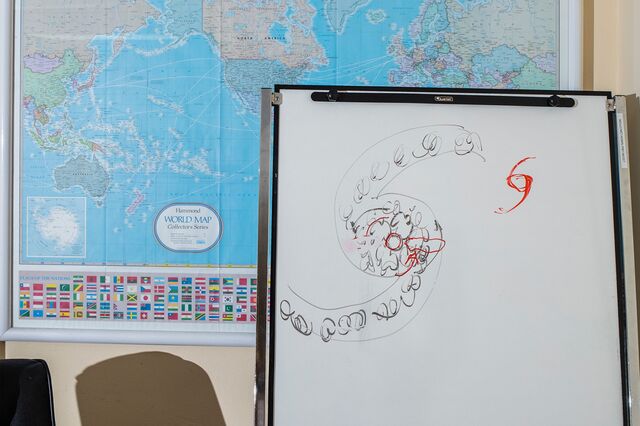 An illustration of a hurricane on a white board at the Meteorological Service of Jamaica offices in Kingston, Jamaica on September 11, 2024.