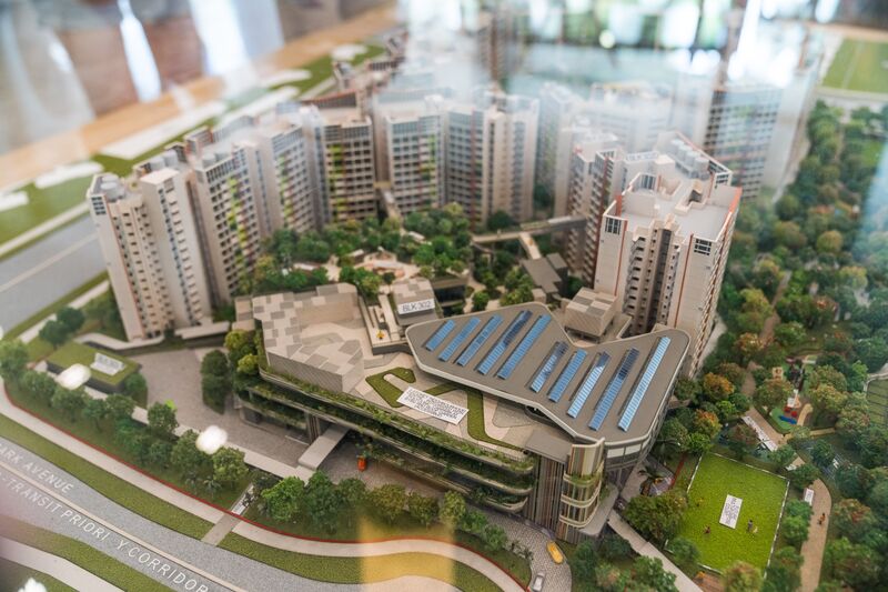 A model of Tengah shows a blend of solar energy, vertical gardens and rooftop cooling plants.