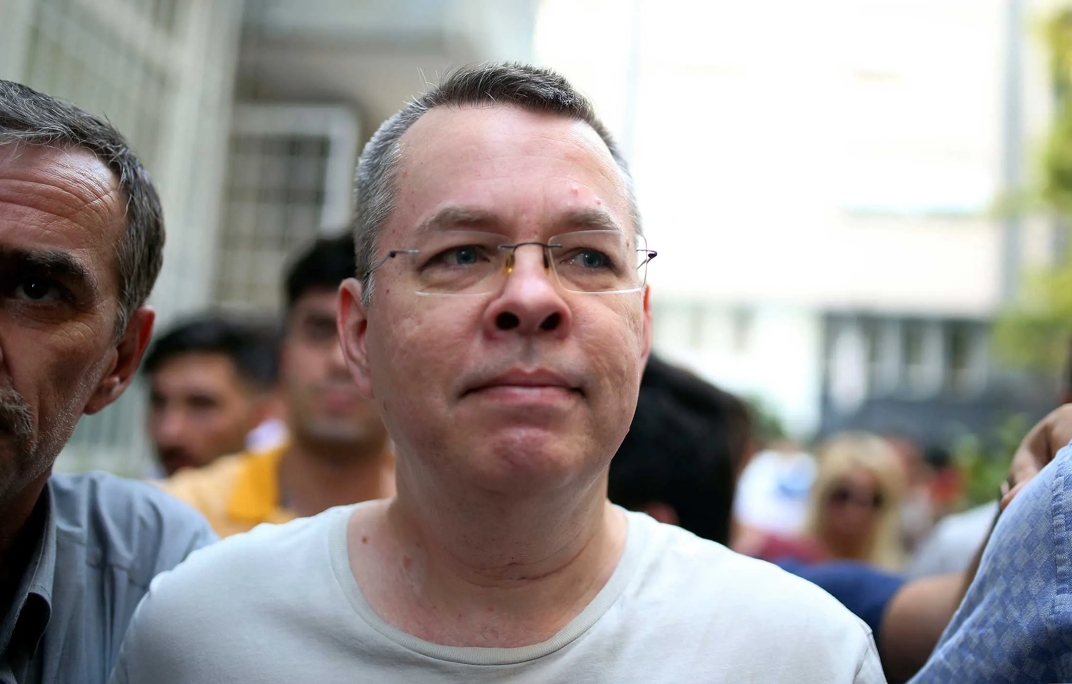 Andrew Brunson arrives at his home in Izmir, Turkey, on July 25.
