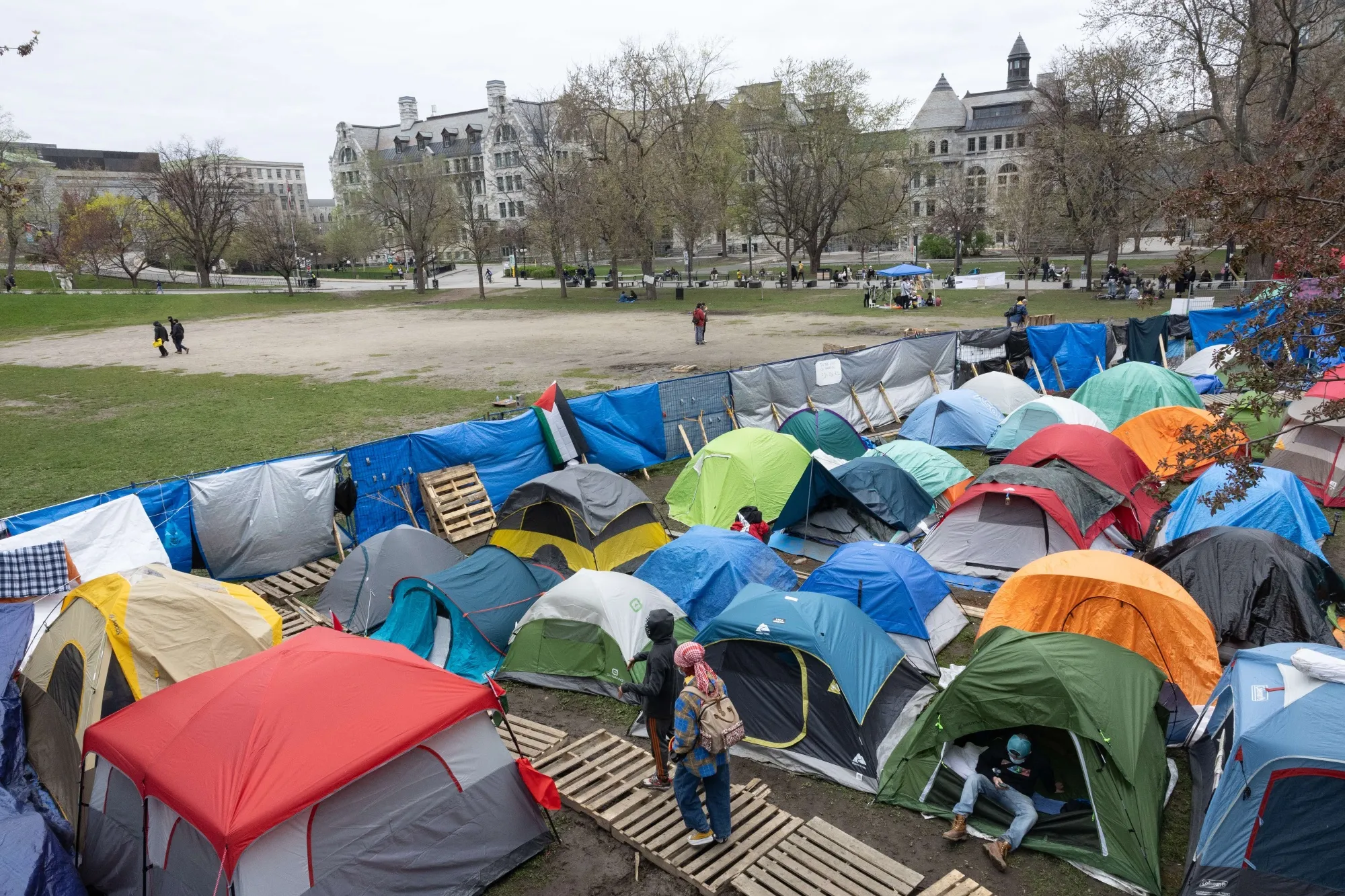 Pro-palestinian students and activists&nbsp;at an encampment on the campus of McGill University.