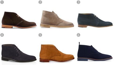 (1) Brown desert boots, Church’s, $410, church-footwer.com; (2) Taupe desert boot, Clarks, $130, clarksusa.com; (3) Loxton boot, John Lobb, $1,510, johnlobb.com; (4) Lace-up ankle boots in suede, TOD’S, $545, tods.com; (5) Tan suede desert boots, Paul Smith, $495, paulsmith.co.uk; (6) Leather desert boots, Zara, $89.90, zara.com.