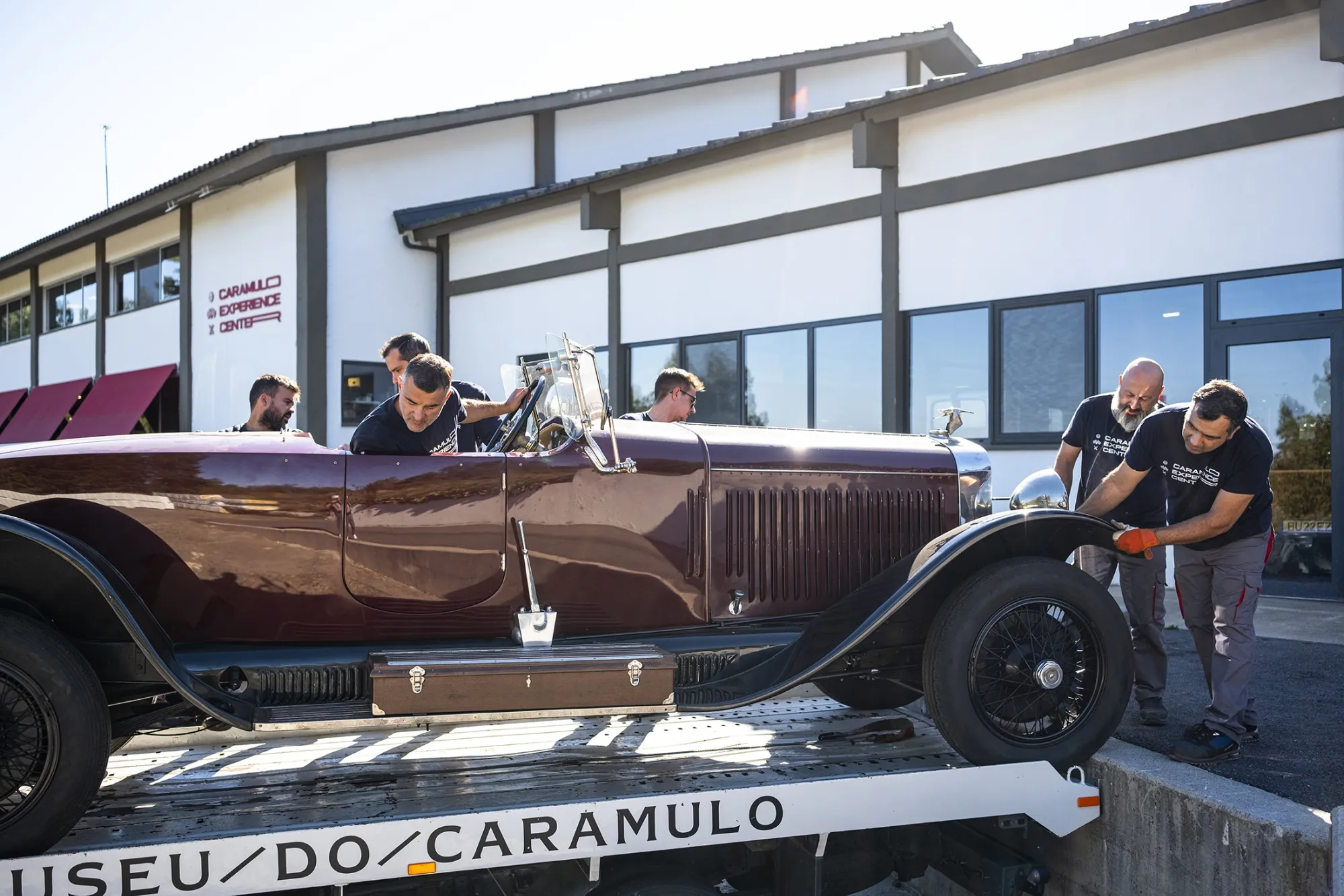 A fully restored classic car is loaded at the Caramulo Experience Center in Caramulo, Portugal, on&nbsp;Sept. 23, 2025.&nbsp;