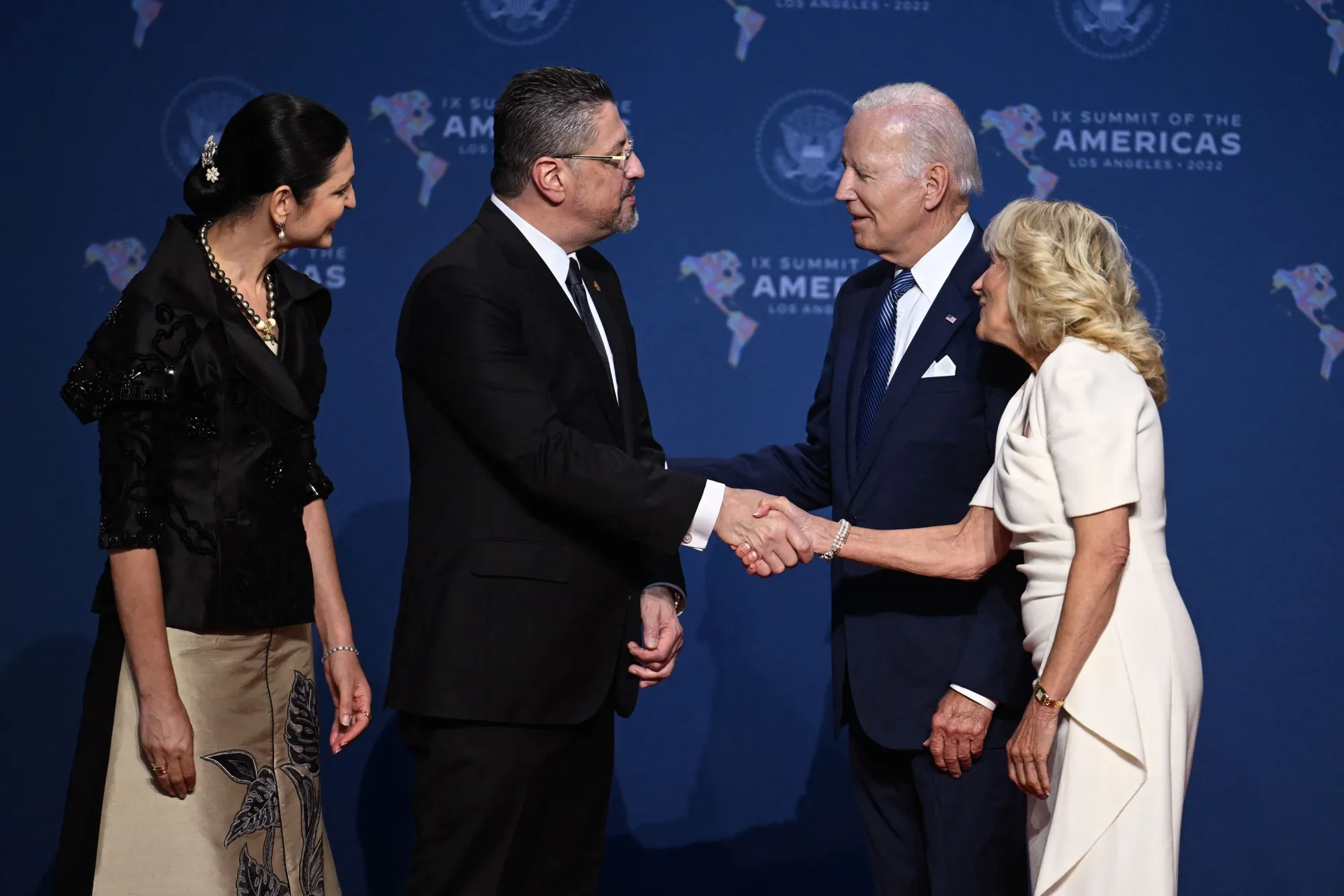 Rodrigo Chaves Robles and Signe Zeicate greet Joe Biden and Jill Biden at&nbsp;the 9th Summit of the Americas in Los Angeles.