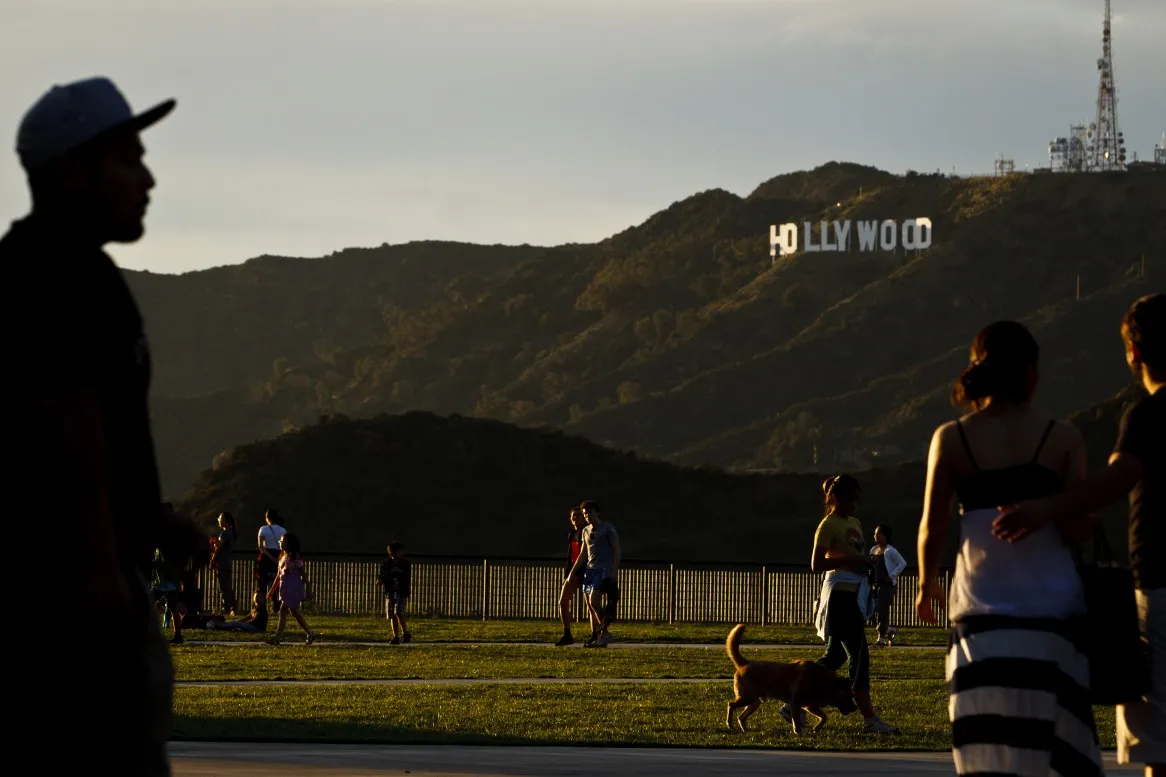Tourists near the Hollywood sign in Los Angeles.