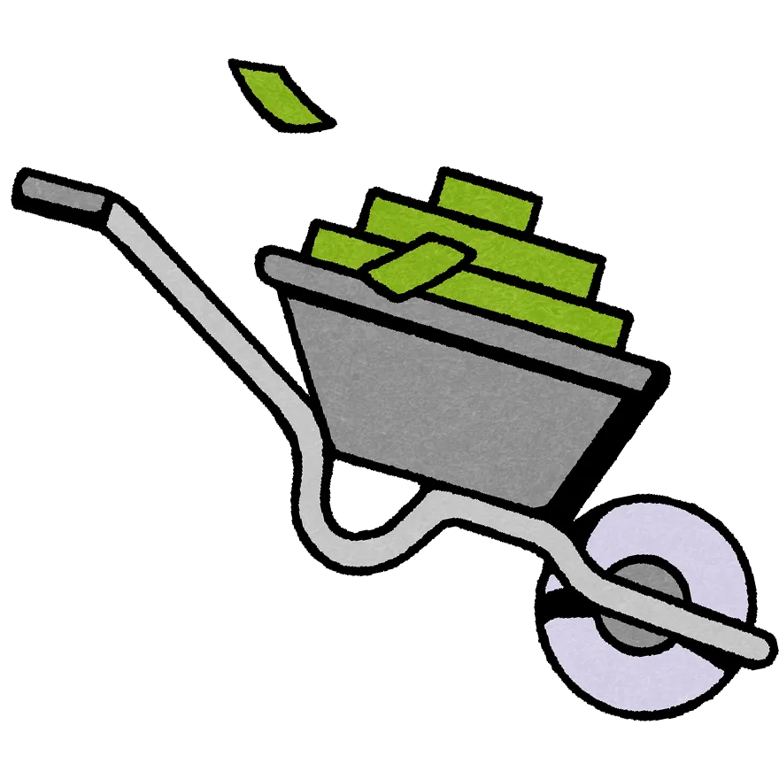A drawing of a wheelbarrow full of money.