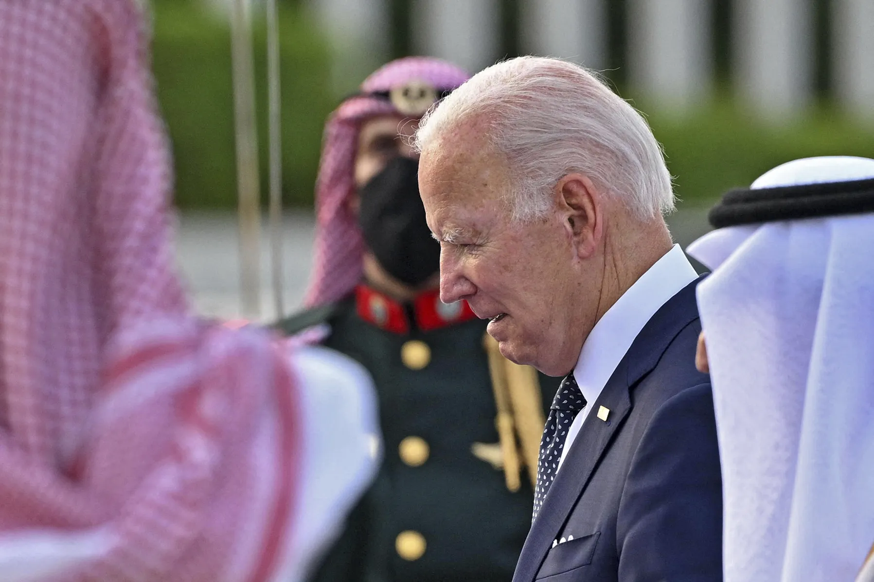 US President Joe Biden at the King Abdulaziz International Airport in Jeddah. Photographer: Mandel Ngan/AFI via Getty Images