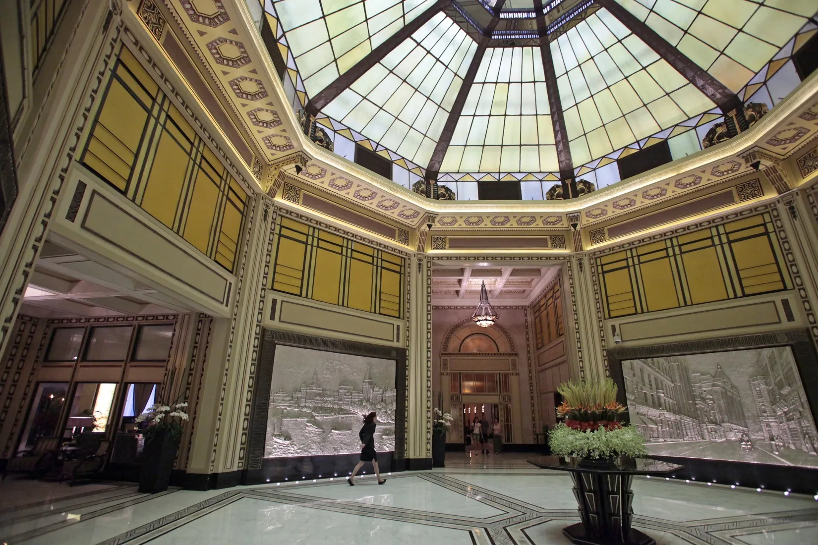 The lobby area of the Peace Hotel in Shanghai, China.