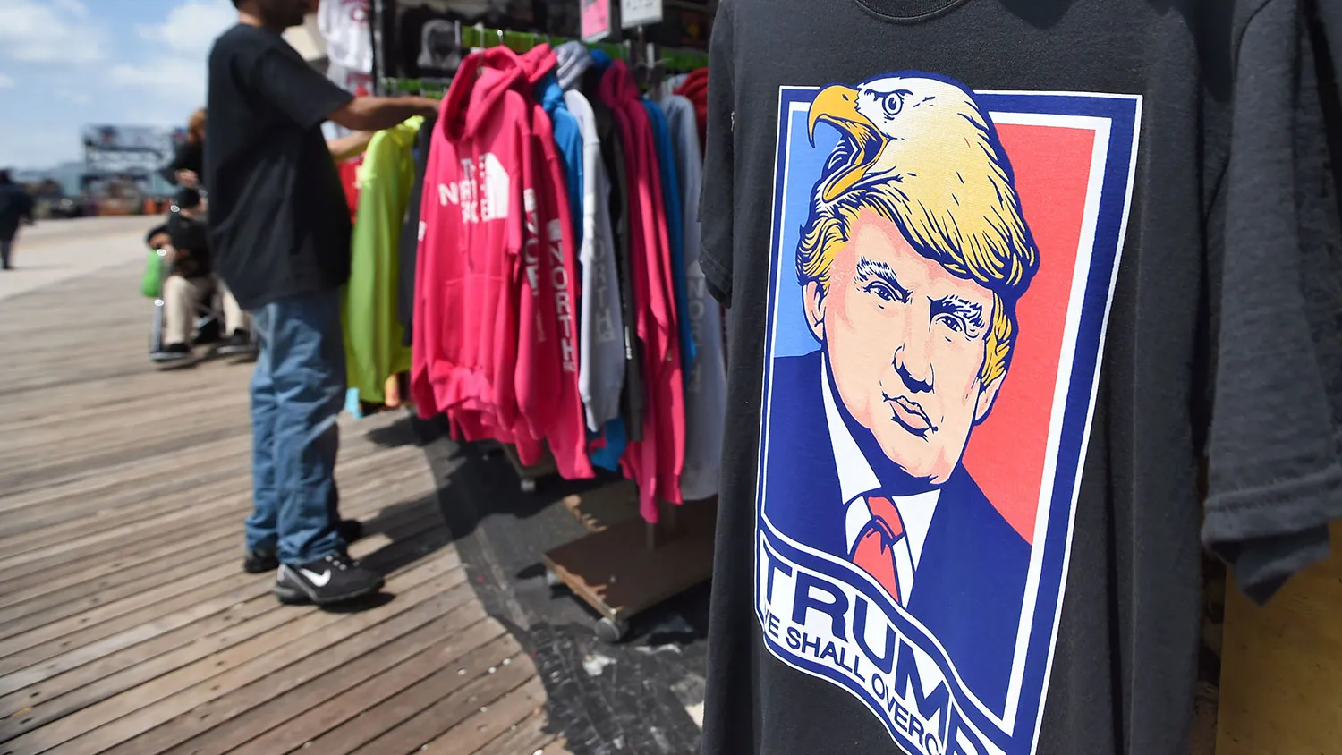 A T-shirt with a picture depicting Republican presidential candidate Donald Trump is seen at a shop on the boardwalk in Atlantic City, New Jersey, on May 8, 2016.

