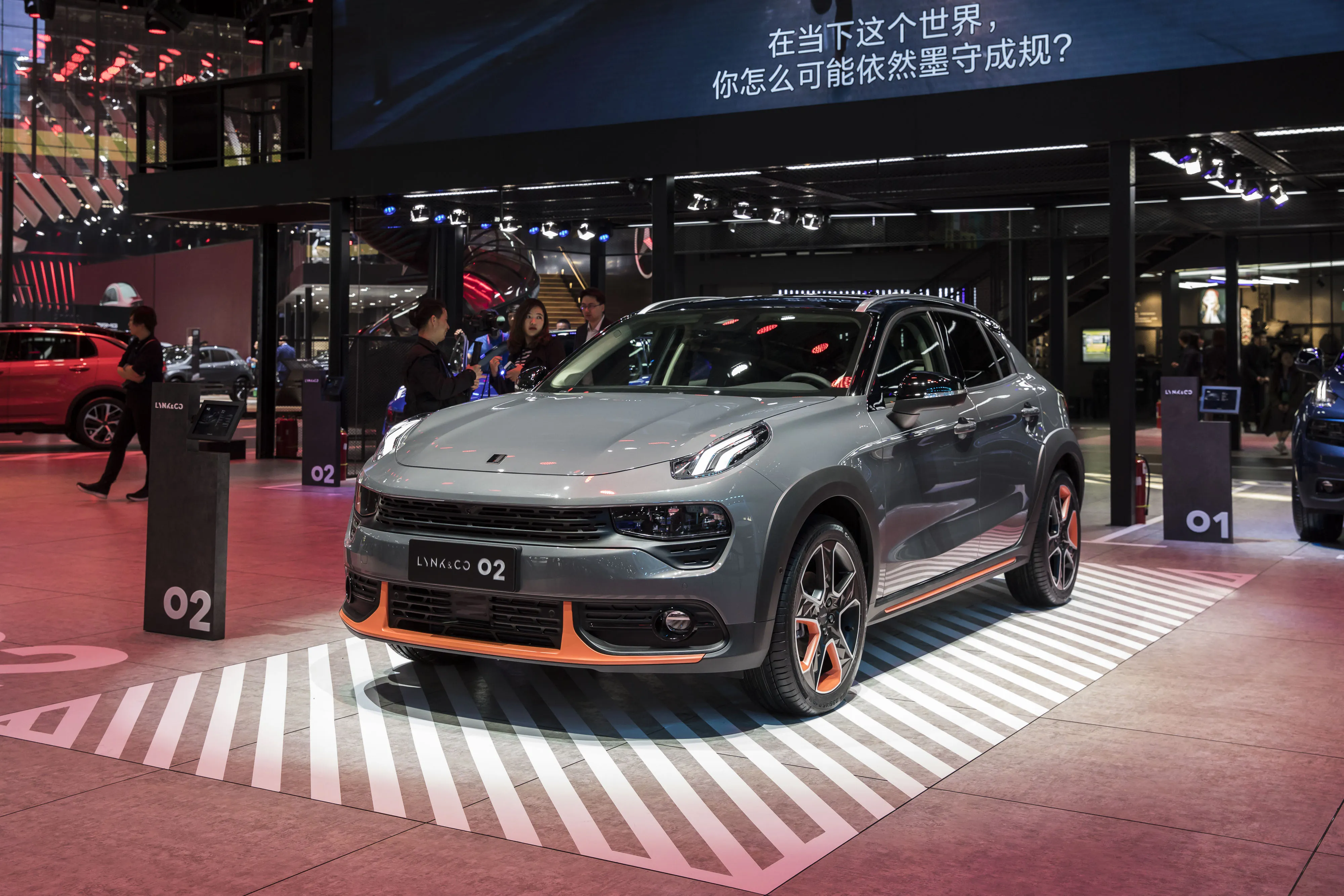 A Lynk &amp; Co. 02 crossover, manufactured by Geely Automobile, at the Beijing International Automotive Exhibition in 2018.