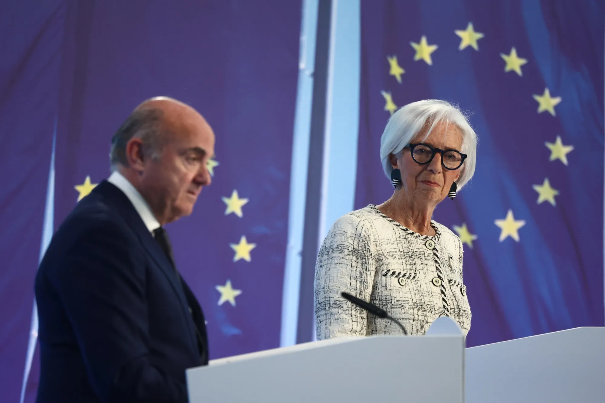ECB President Christine Lagarde&nbsp;and ECB Vice President Luis de Guindos during a rates decision news conference in Frankfurt on April 30.