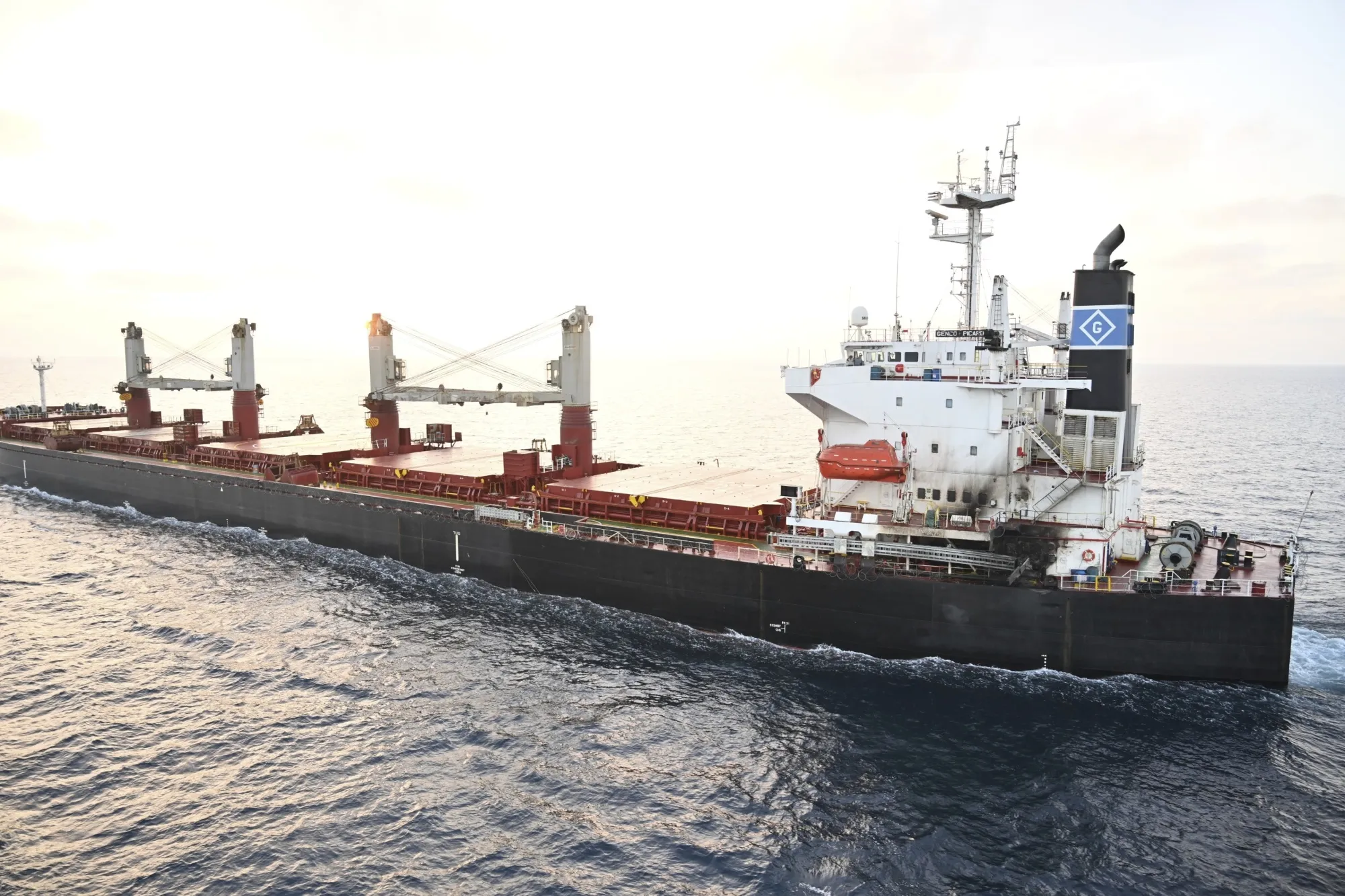 Damage on the US-owned ship Genco Picardy that came under attack from a bomb-carrying drone launched by Houthis in the Gulf of Aden, on&nbsp;Jan. 18.