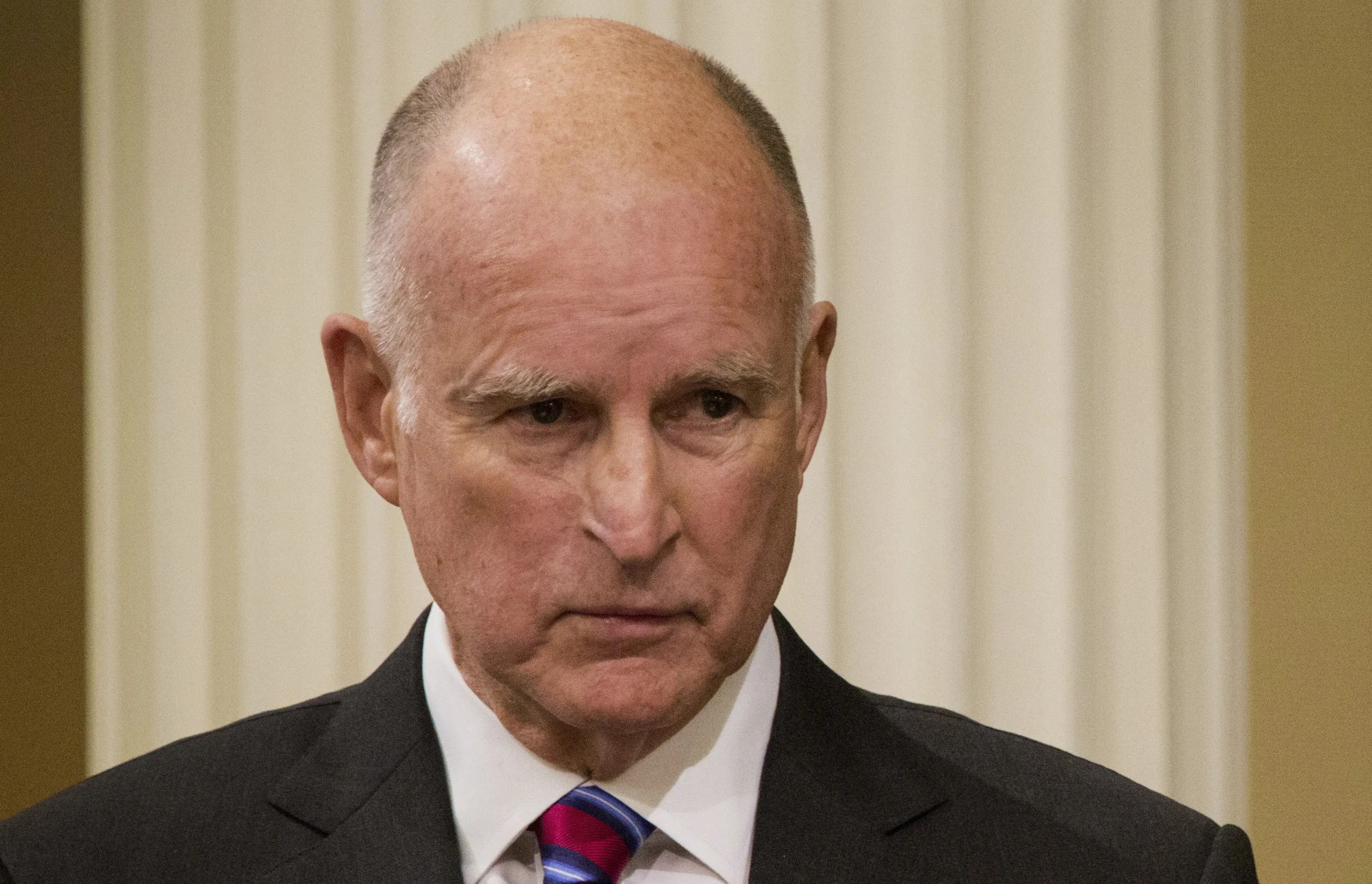 California Governor Jerry Brown said, “The challenge here -- aside from getting the water -- is to be able to collaborate together and not try to blame other people and point fingers.” Photographer: Ken James/Bloomberg
