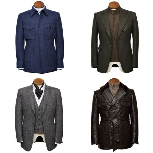 The Bentley-commissioned Savile Row jackets (clockwise from top left): designs by Dege & Skinner, Gieves & Hawkes, Huntsman, and Henry Poole