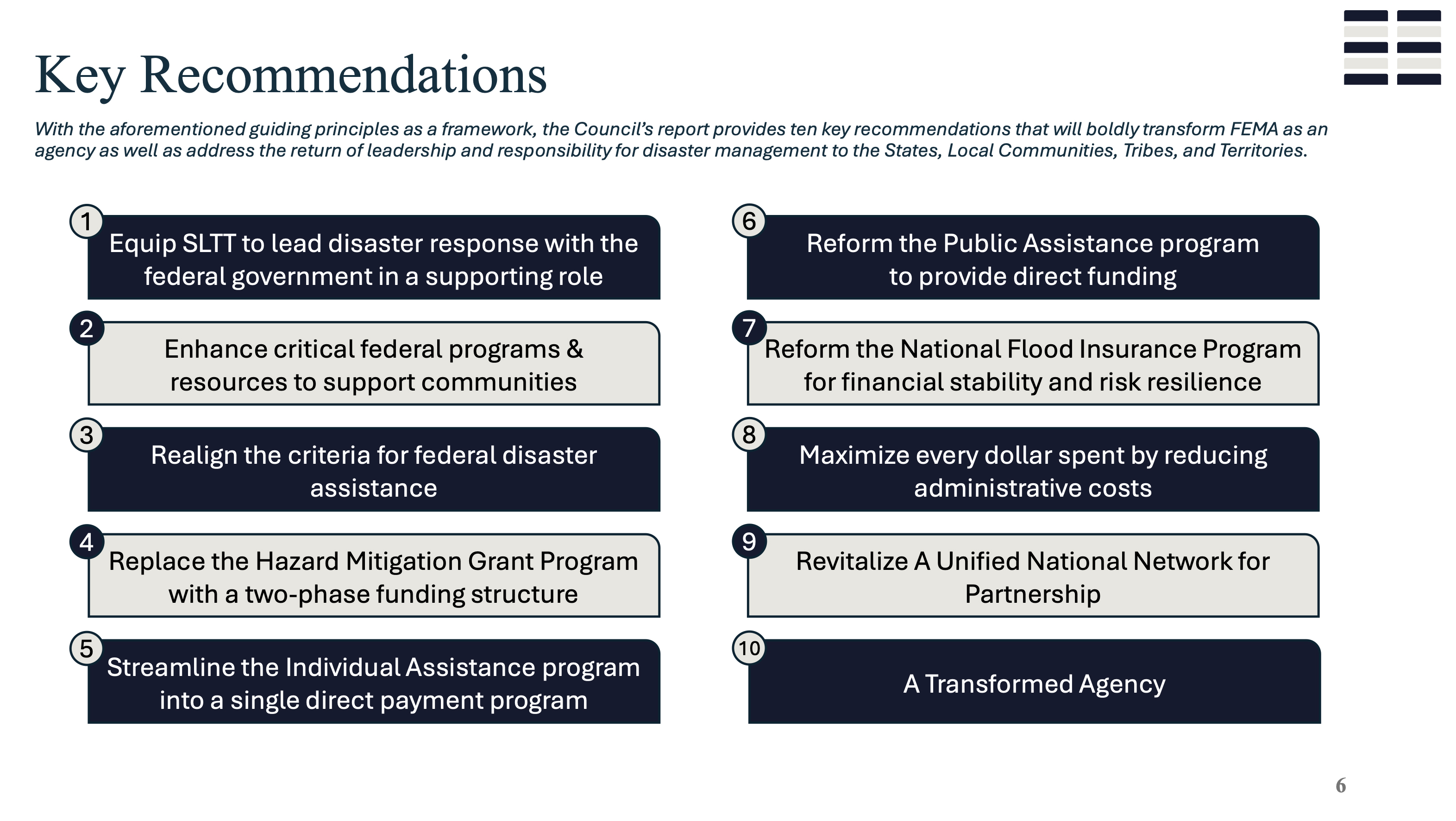 Ten recommendations presented by the FEMA Review Council on May 7.