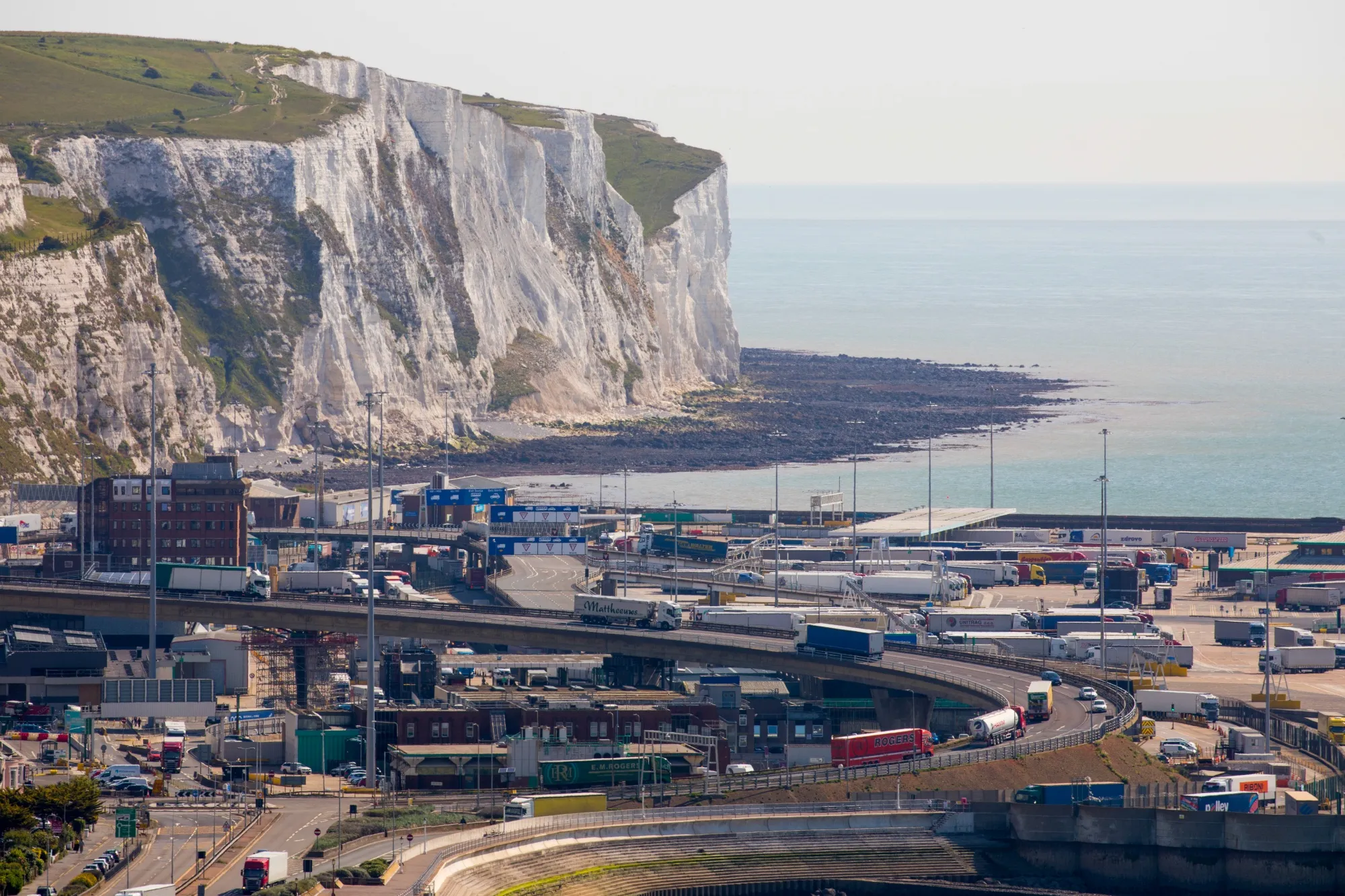 Trucks make their way through the Port of Dover Ltd. in Dover, U.K.