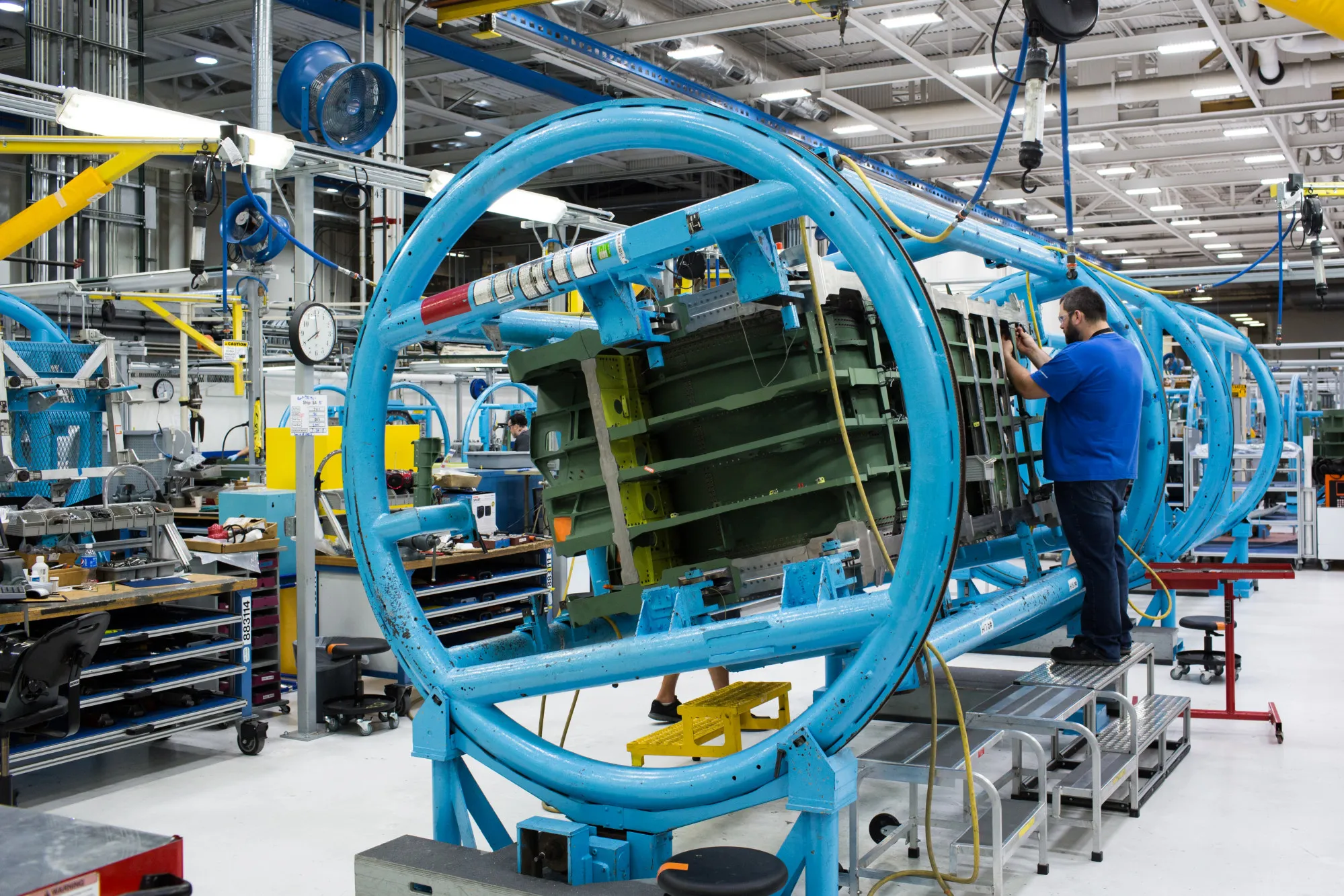 An employee works on the aft fuselage of a Boeing&nbsp;F-15 Strike Eagle fighter aircraft at the Boeing Defense, Space &amp; Security facility in St. Louis, Missouri.