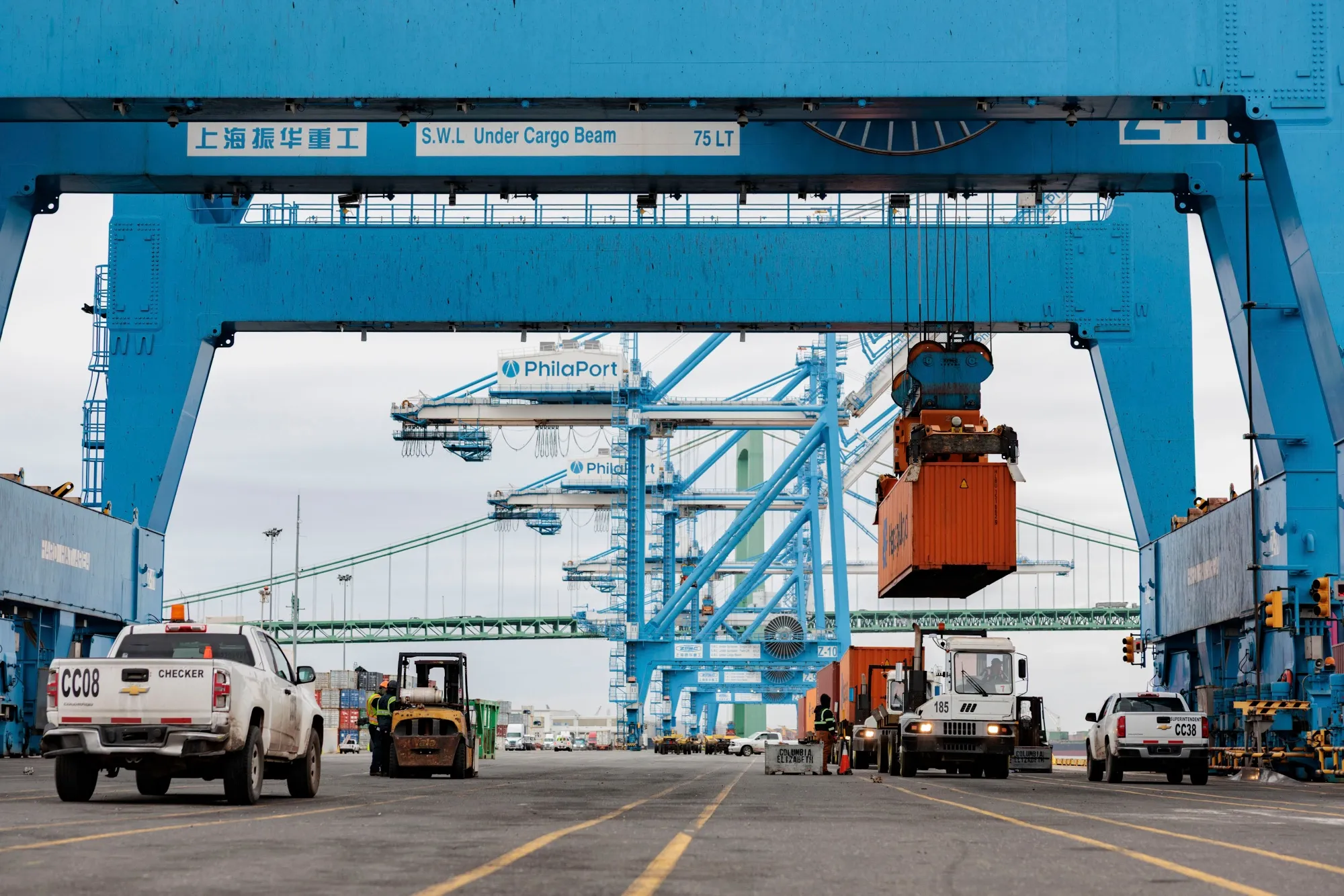 A container is loaded onto the Columbia Elizabeth barge at the Packer Avenue Marine Terminal at the Port of Philadelphia in Philadelphia, Pennsylvania,.