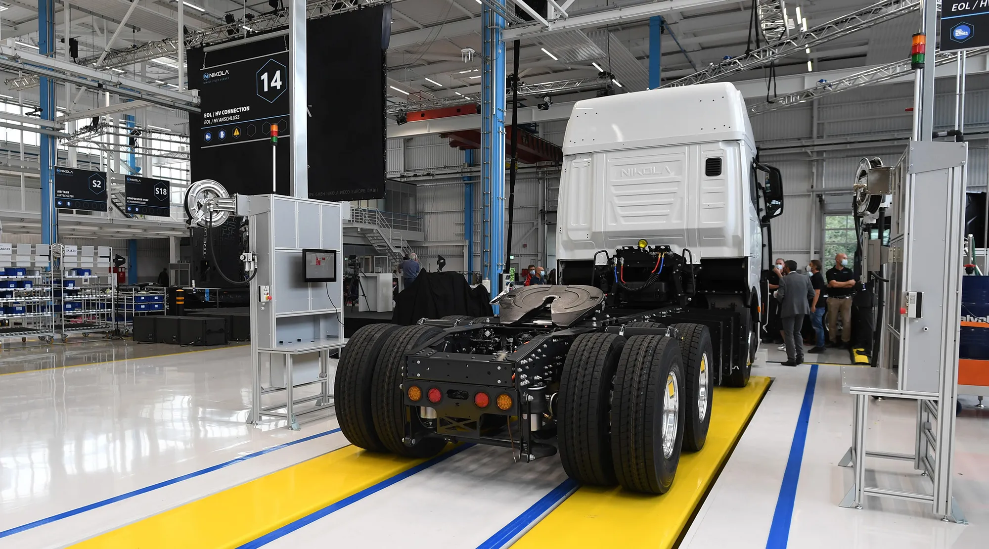 A Nikola Tre battery-electric heavy duty truck at a factory in Ulm, Germany.&nbsp;
