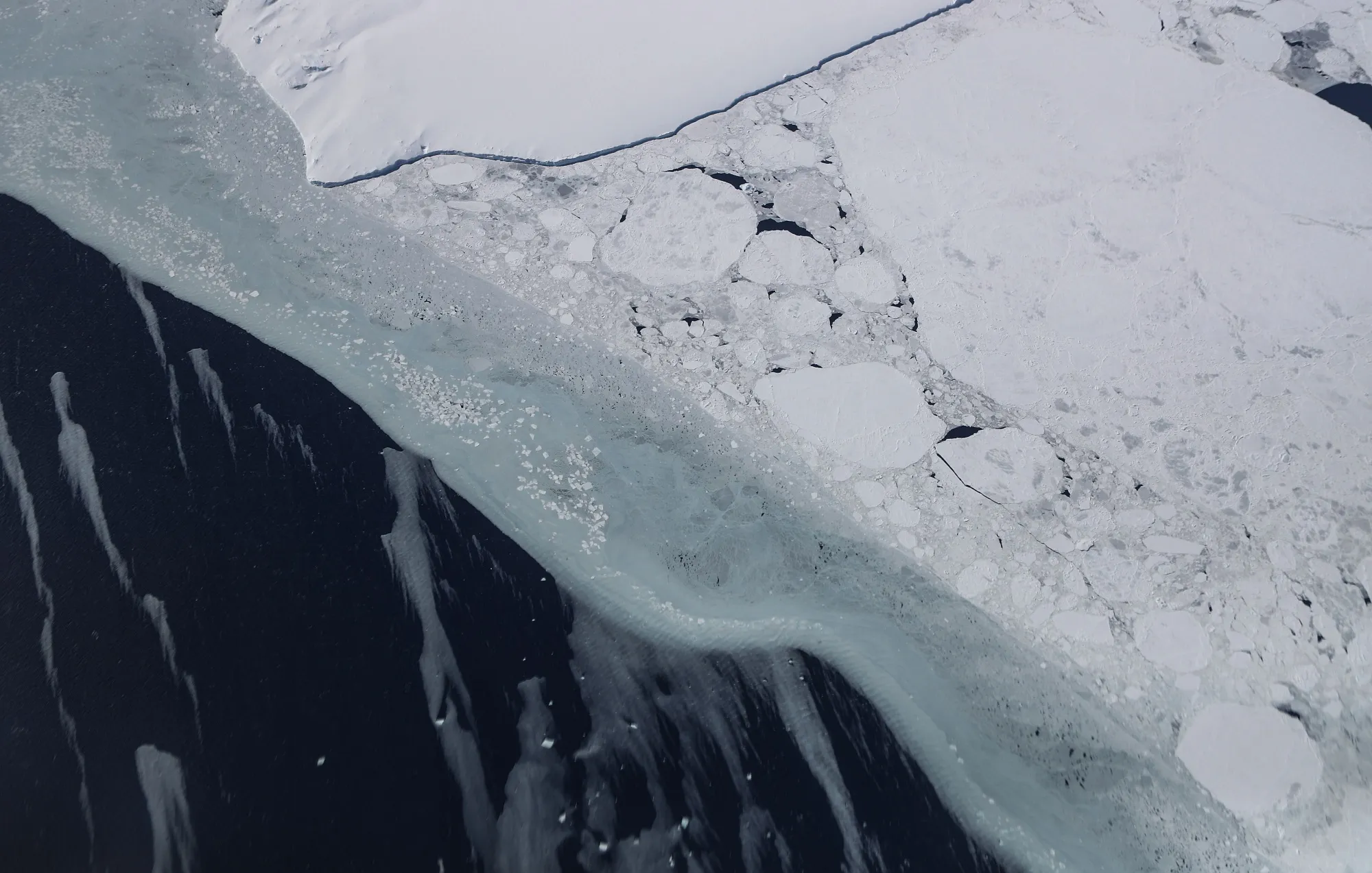 Sea ice seen from NASA’s Operation IceBridge research aircraft in the Antarctic Peninsula region in 2017.&nbsp;