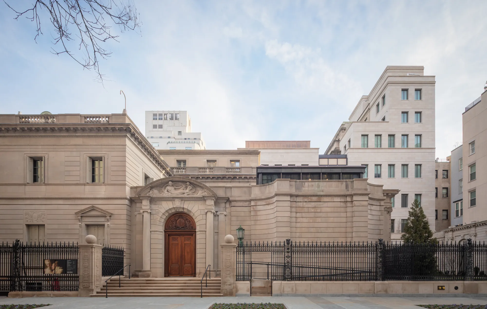 A new addition for back-of-house space is visible just behind the historic mansion of the Frick Collection on East 70th Street in New York.