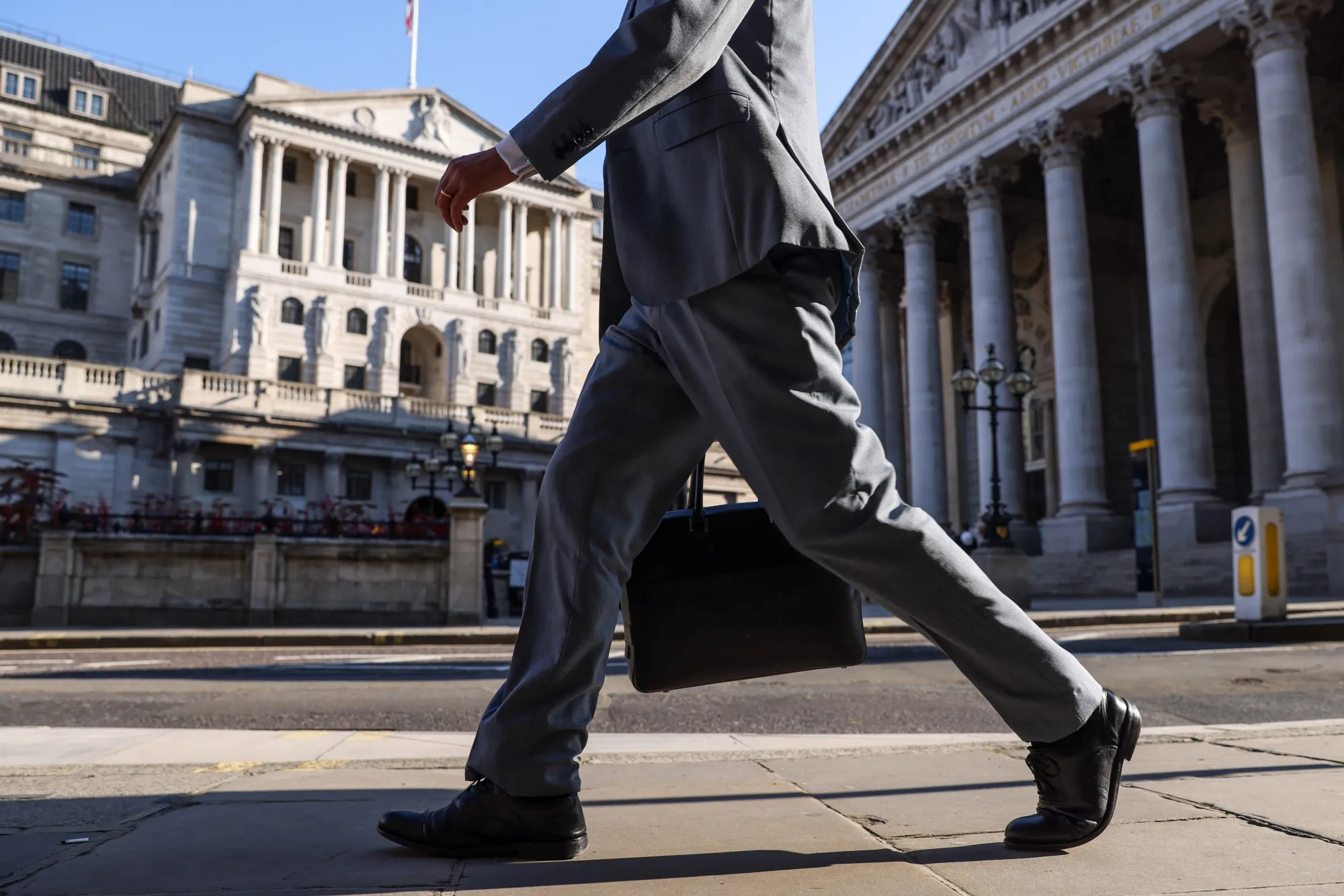 Outside the Bank of England (BOE) in the City of London.