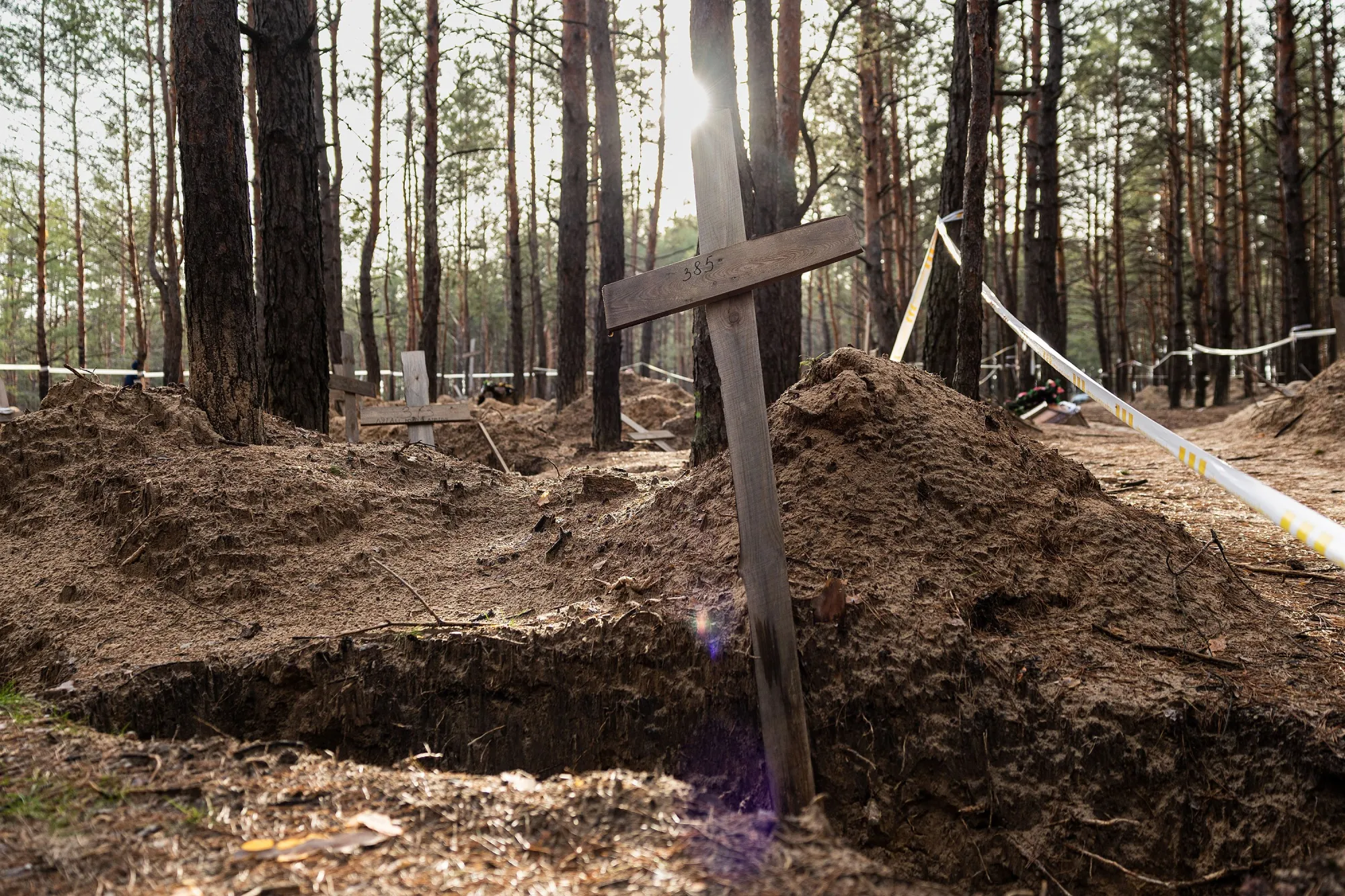 An empty grave following the exhumation of bodies in mass graves dug during the Russian occupation in&nbsp;Izium, eastern Ukraine, on Jan. 2.