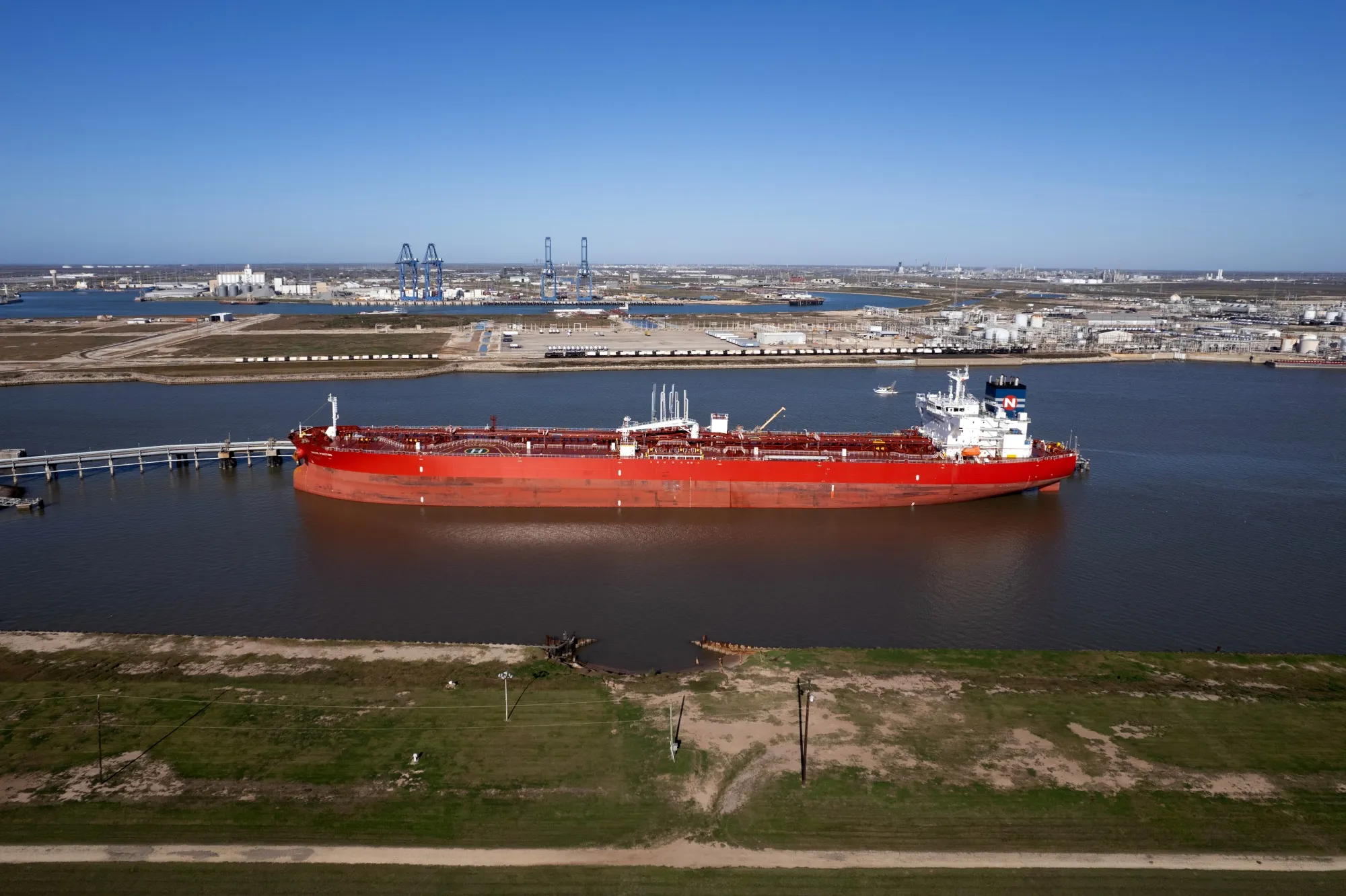 A crude oil tanker docked at the Enterprise Marine Terminal in Freeport, Texas.