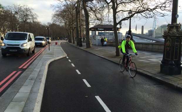 The new bike &quot;superhighway&quot; on London's Victoria Embankment, shortly after dawn.