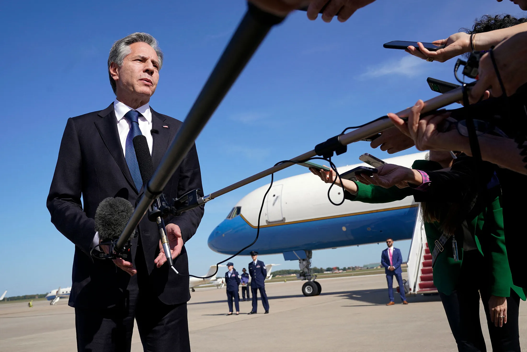 Antony Blinken speaks before boarding a plane at Andrew Air Force Base, Maryland, on&nbsp;Oct.&nbsp;11.
