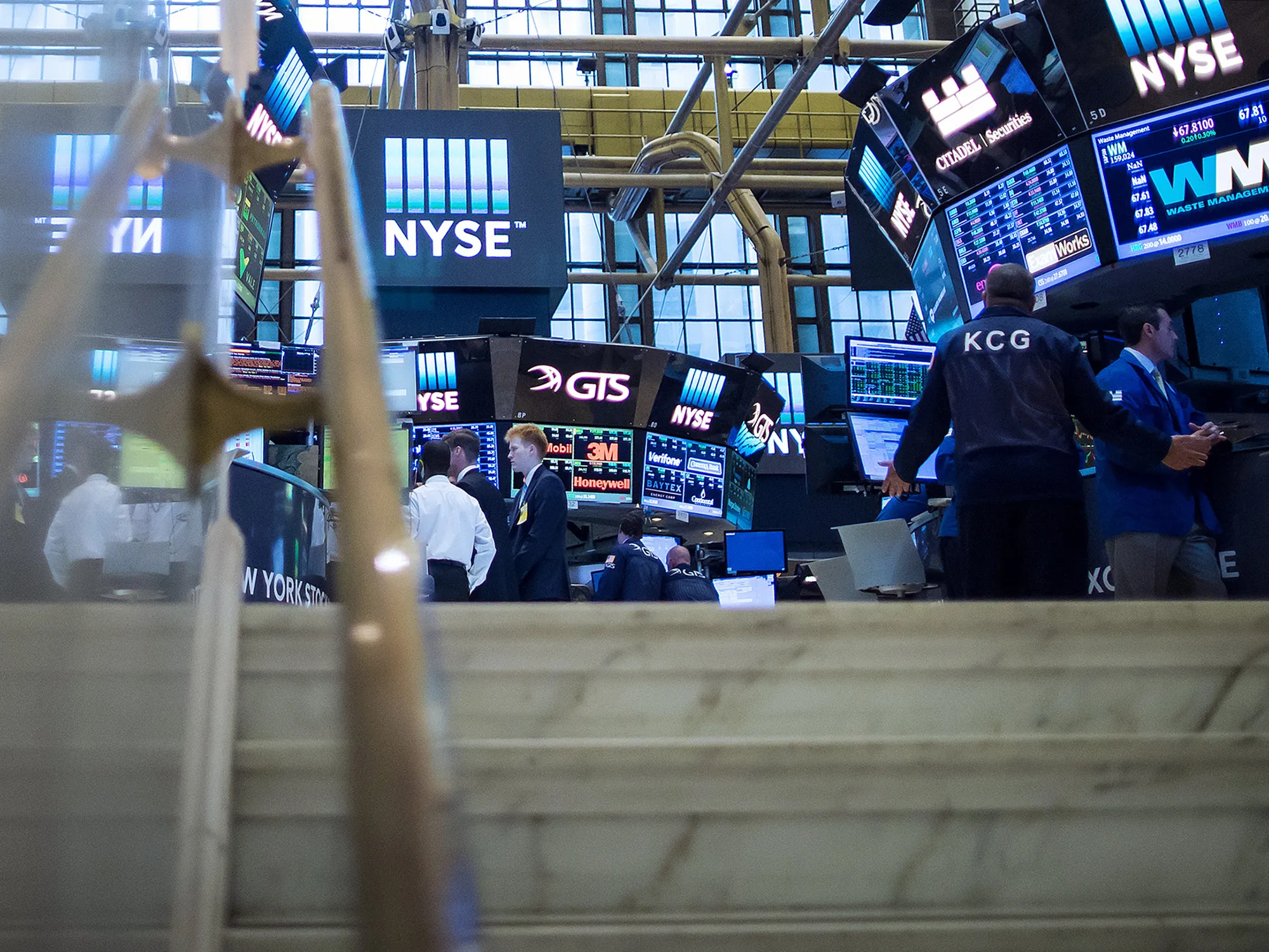 Traders work on the floor of the New York Stock Exchange.