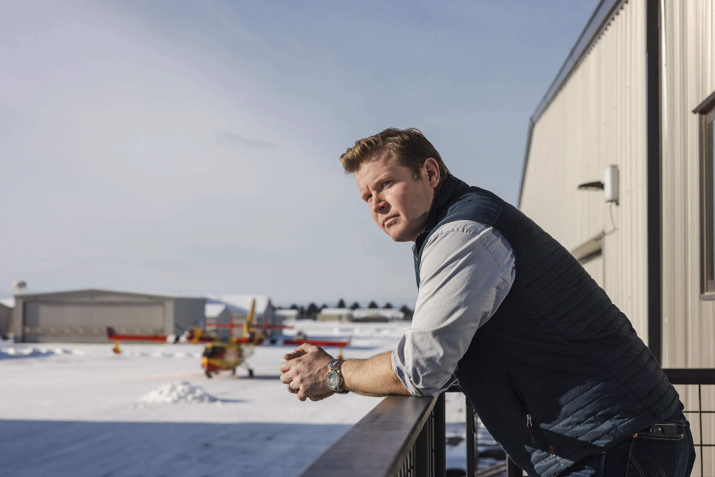 Tim Sheehy at the Bridger Aerospace hangar in Bozeman, Montana, in January.