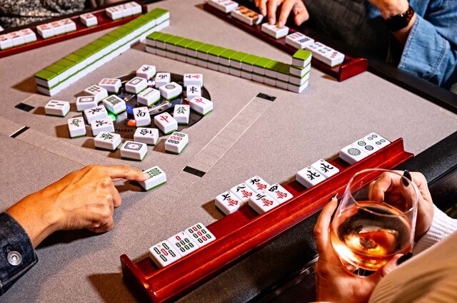 A close-up shot of the tiles at mahjong class at Lucky Danger.