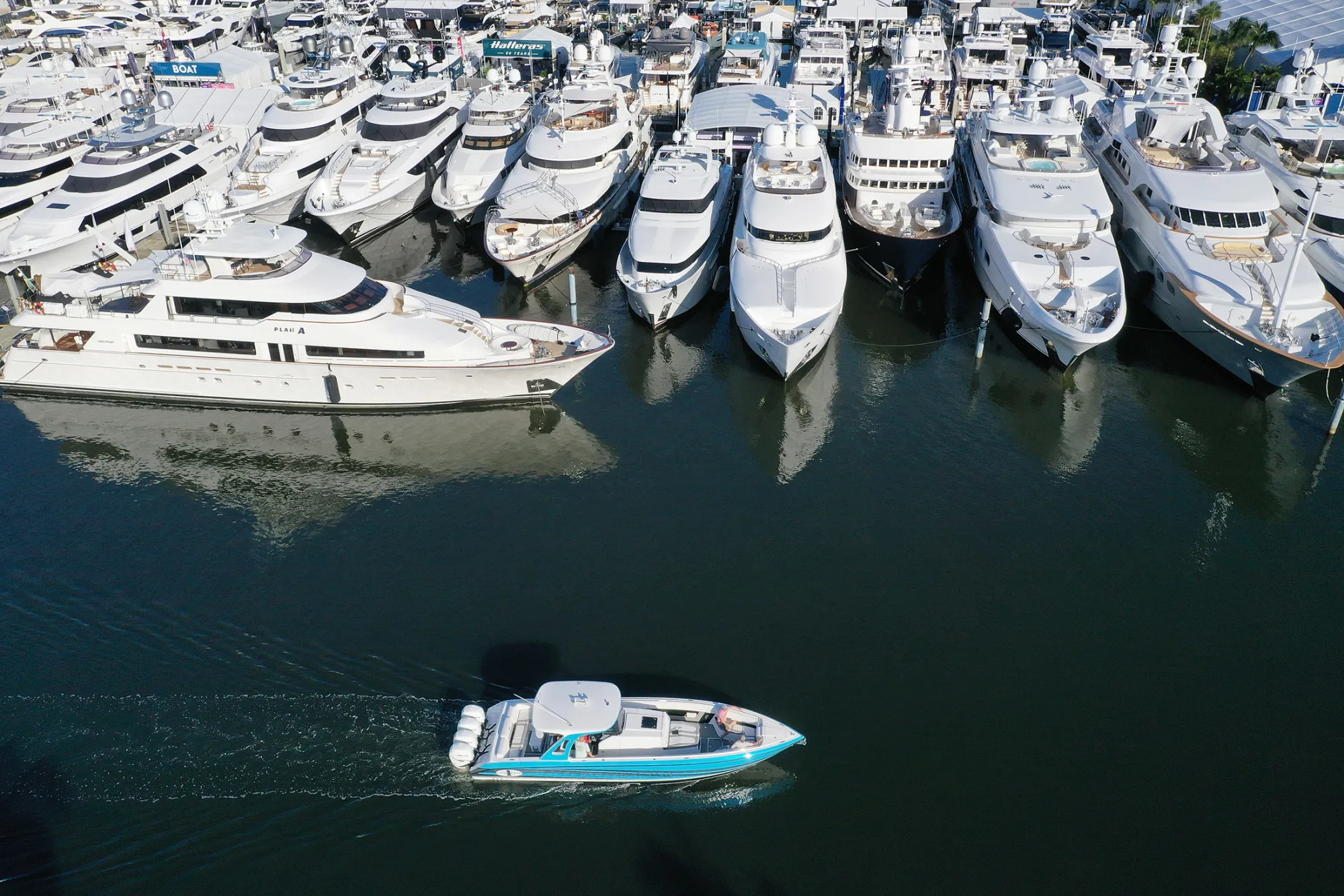 Boats are prepared for display at the Fort Lauderdale International Boat Show on Oct. 29, 2019.