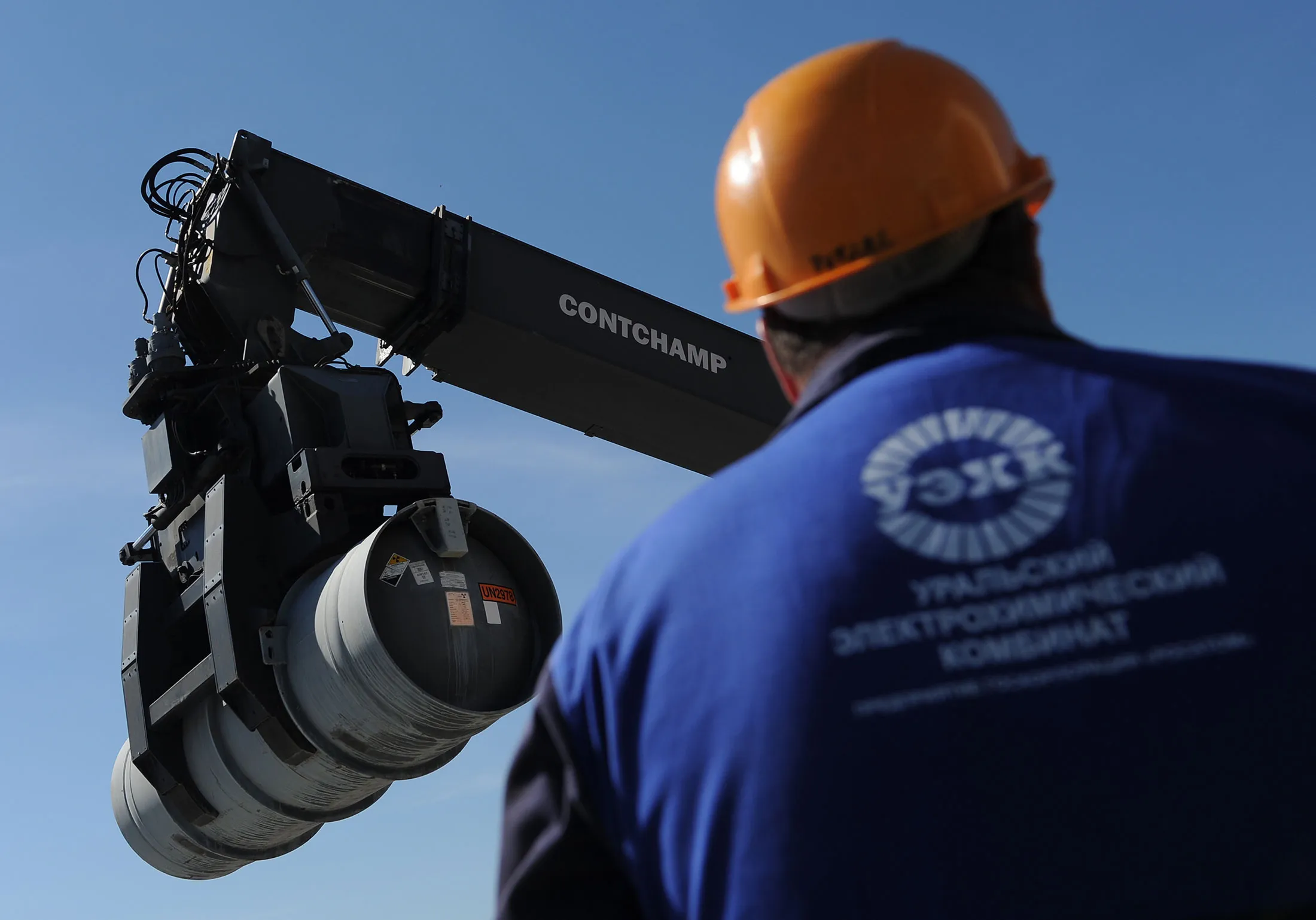 A Kalmar Contchamp reachstacker loads a container at a storage facility of the 7 DUF6 (depleted uranium hexafluoride) department, at the Ural Electrochemical Integrated Plant (UEIP), owned by the Rosatom State Corporation.

