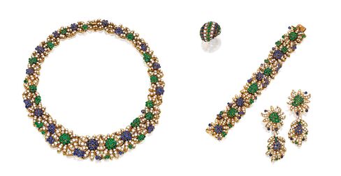 Van Cleef & Arpels Suite of Gold, Sapphire, Emerald and Diamond Jewelry