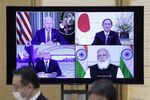 Joe Biden, top left, Yoshihide Sug, top right, Scott Morrison, bottom left, and Narendra Modi, during the virtual Quadrilateral Security Dialogue (Quad) meeting on March 12.