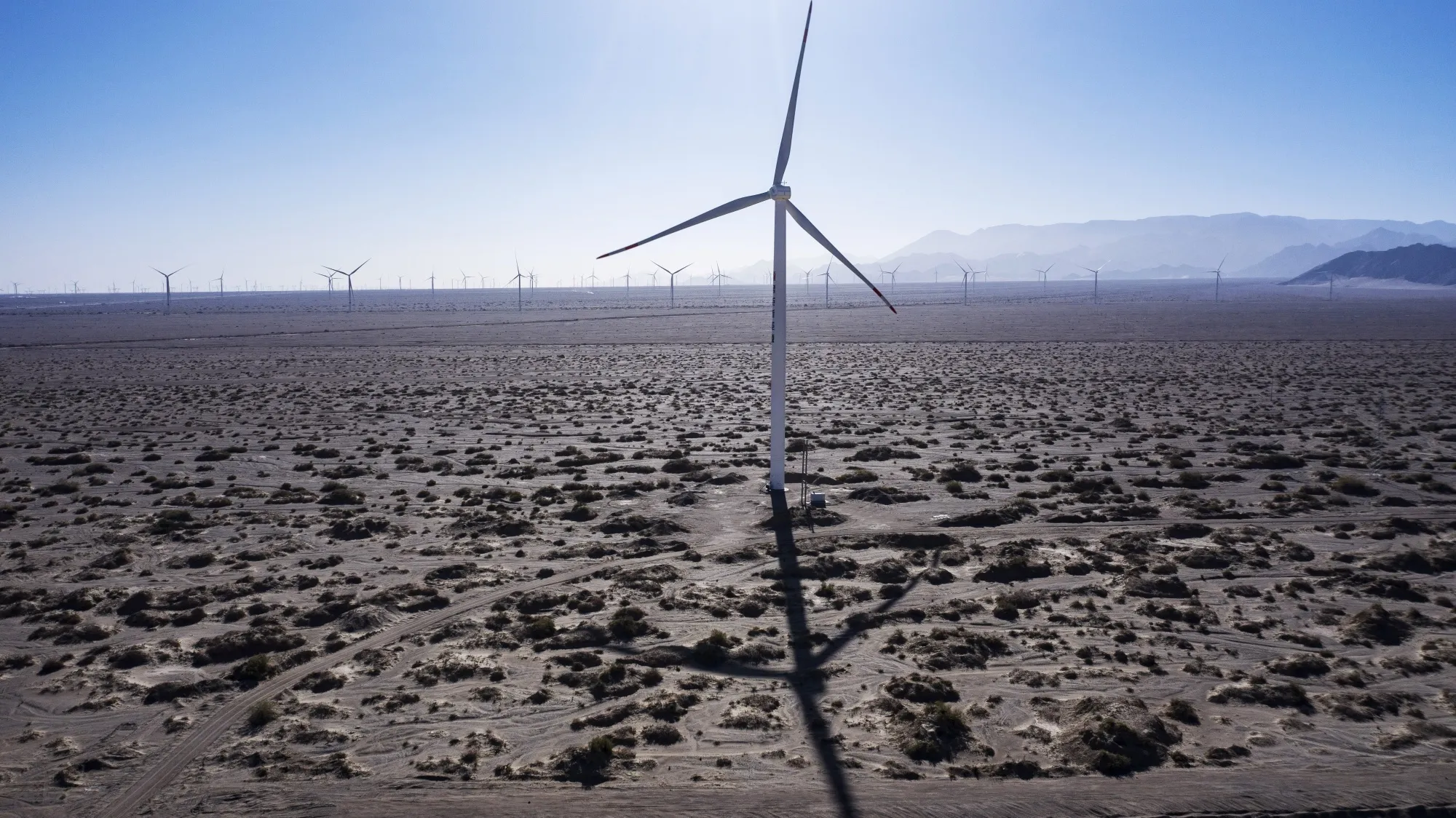 Turbines at a wind farm in Qinghai province, China.